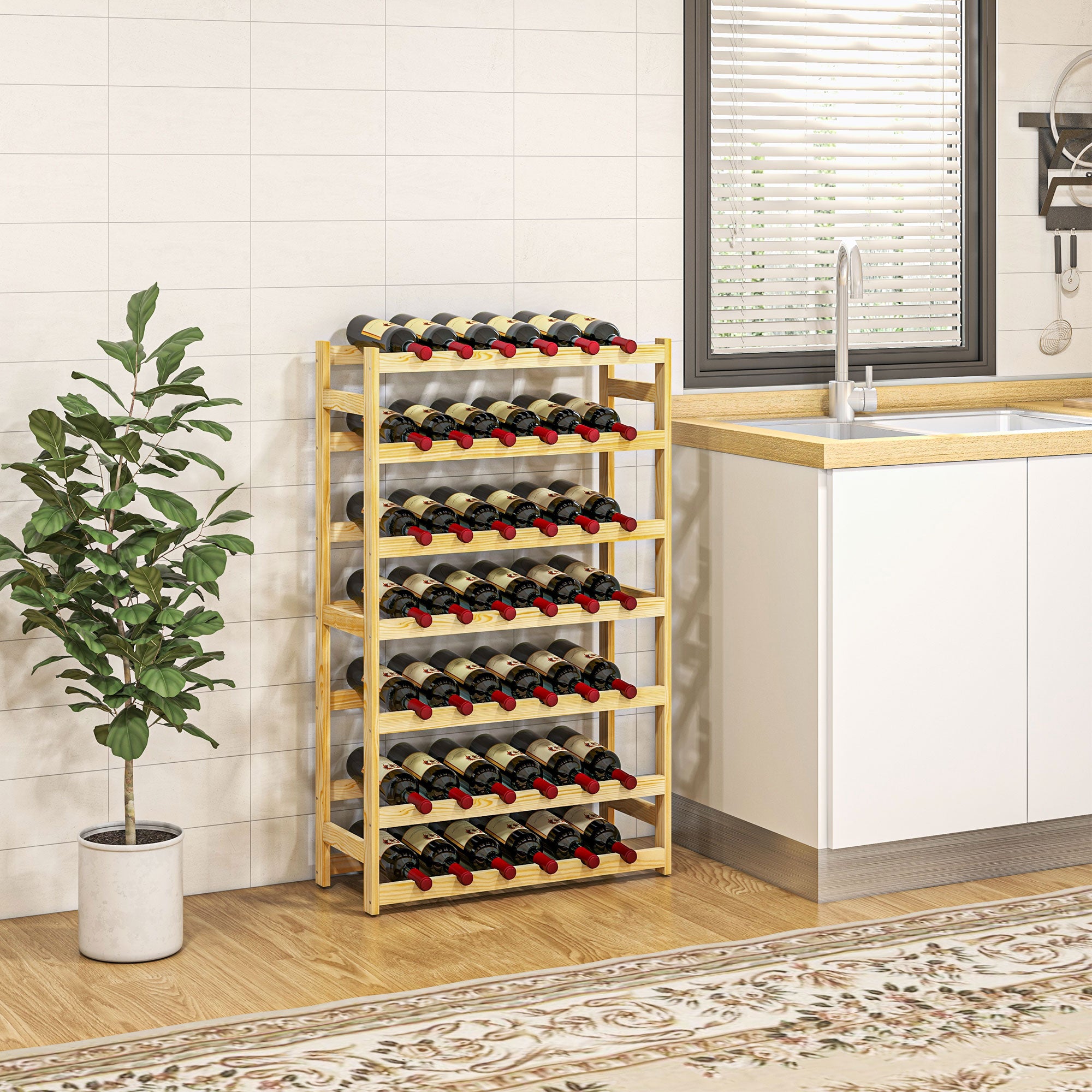 HOMCOM 42-Bottle Wooden Wine Rack - Natural Finish - North Peak Garden Furniture