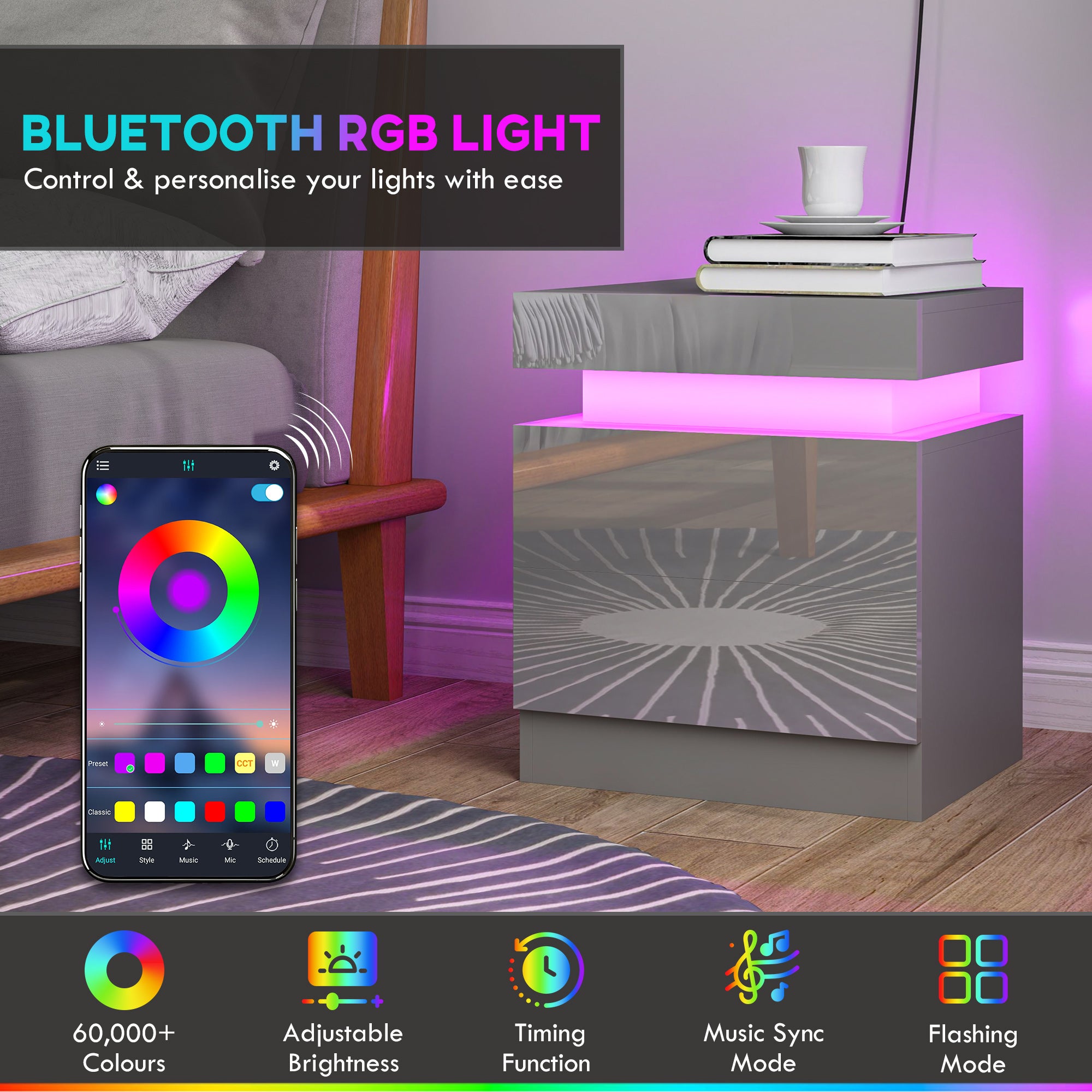HOMCOM Grey Bedside Table with LED Light, High Gloss Front Nightstand with 2 Drawers, for Living Room, Bedroom