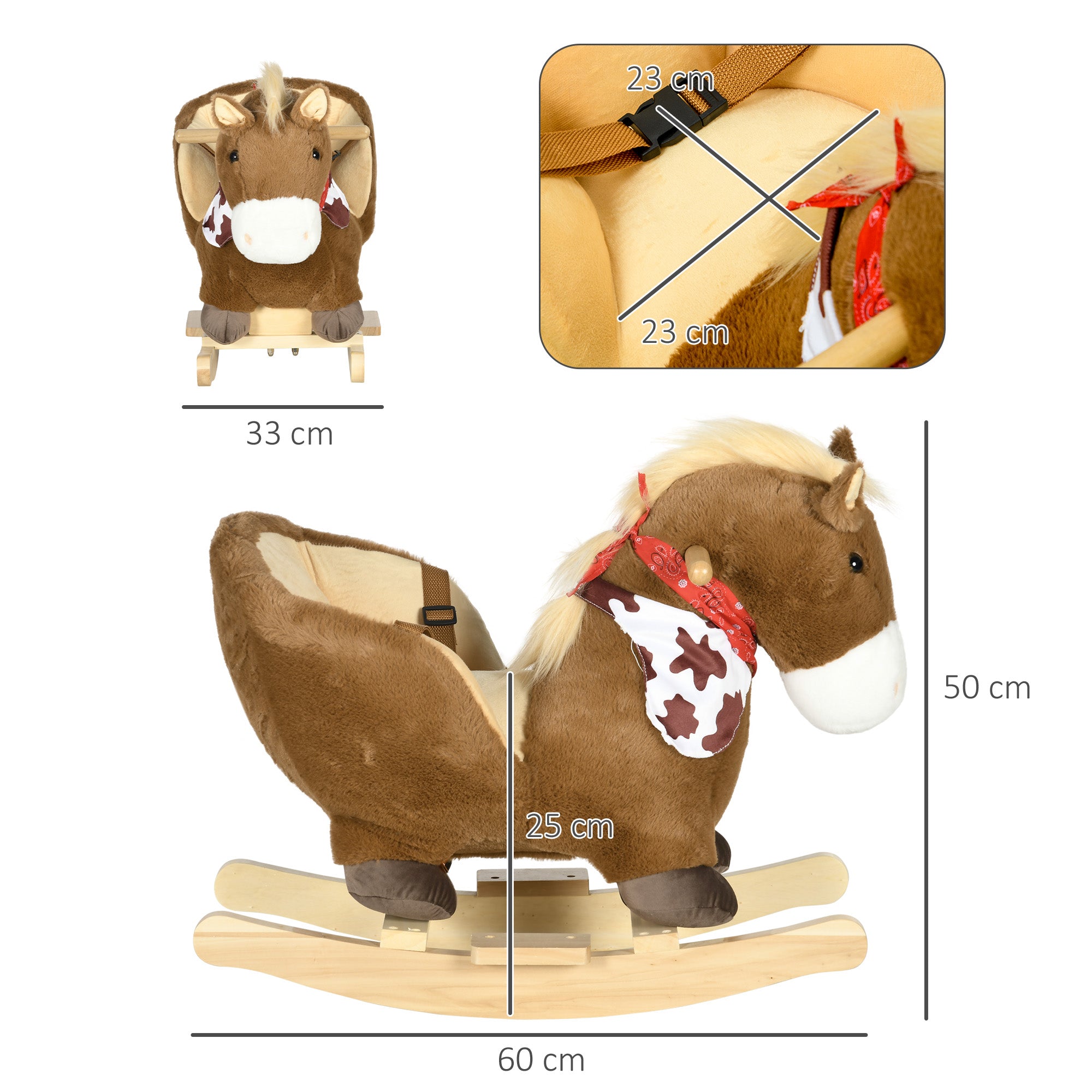 HOMCOM Kids Rocking Horse, with Safety Harness, Sounds, Foot Pedals - Brown - North Peak Garden Furniture