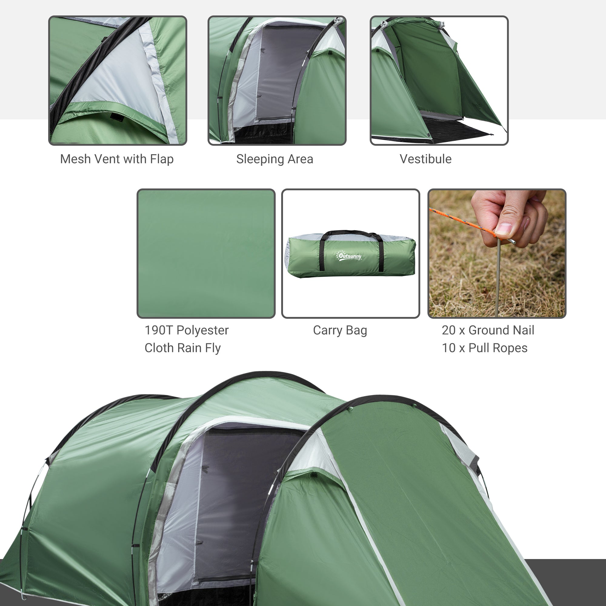 Outsunny Three-Man, Two-Room Tent - Green - North Peak Garden Furniture