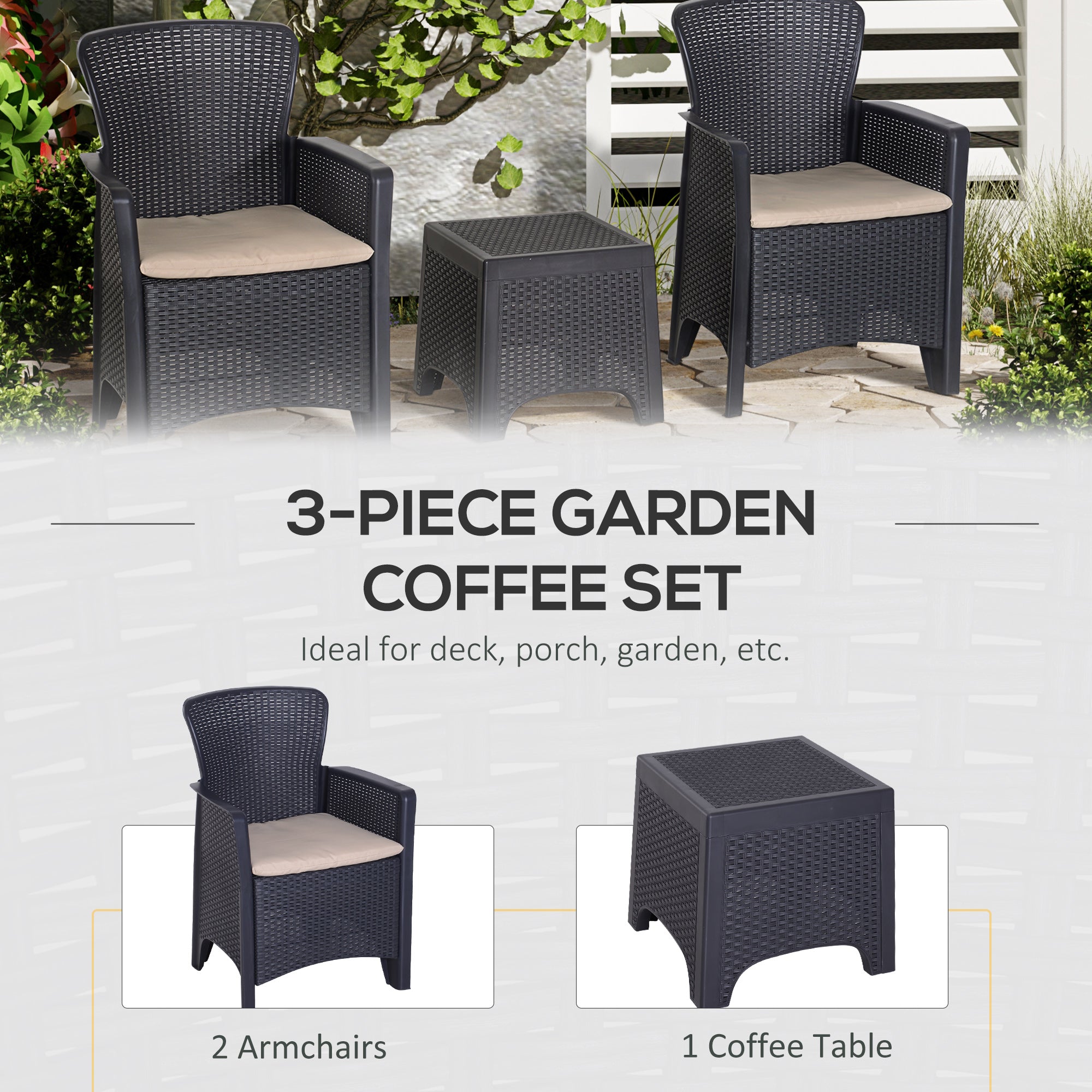 Outsunny 3 PCS Rattan Effect Garden Bistro Set 2 Chairs & Coffee Table Set with Cushion Patio Lawn Balcony Furniture - Dark Brown - North Peak Garden Furniture