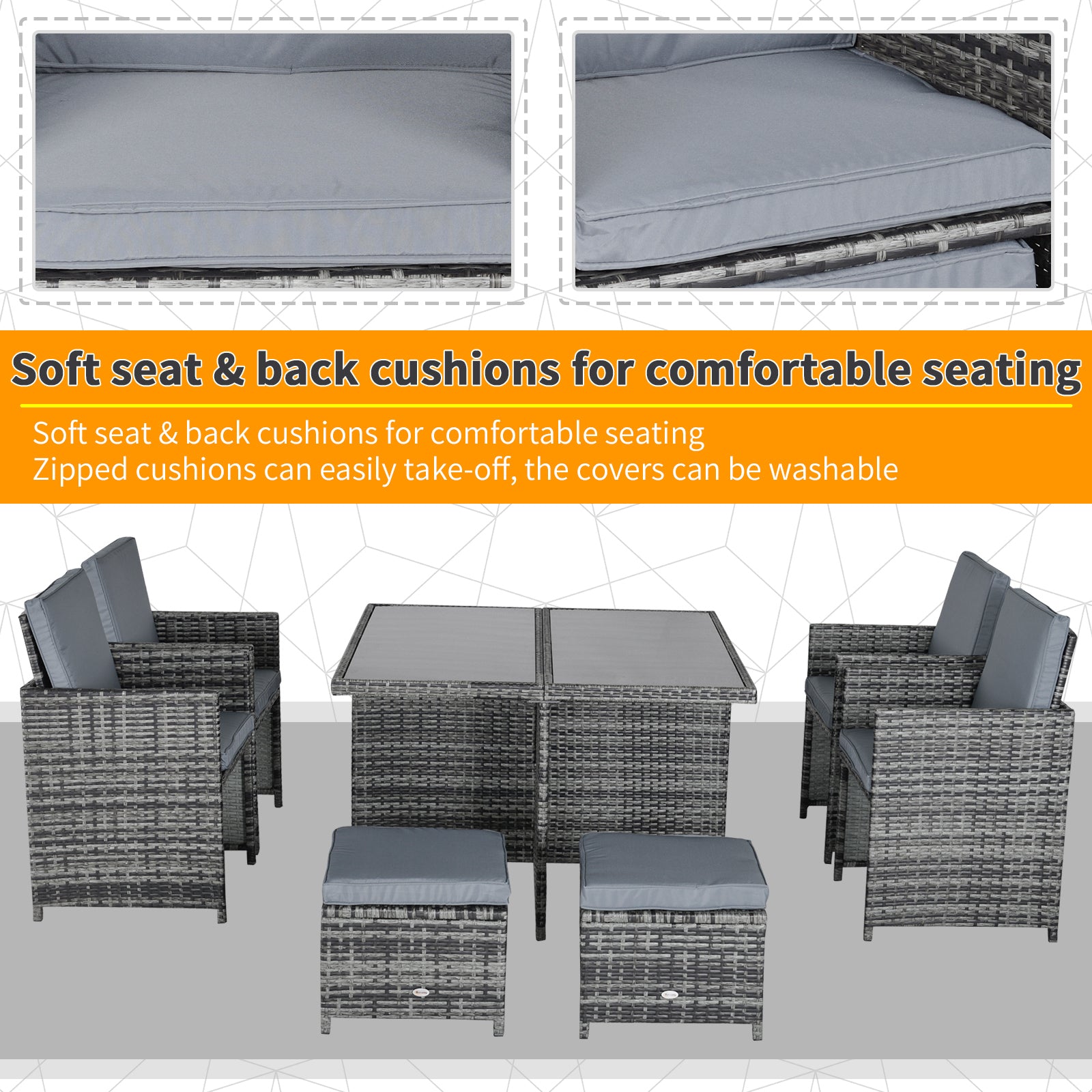 Outsunny 8-Seater Rattan Dining Set Garden Furniture Cushion Seat Woven Rattan Grey - North Peak Garden Furniture