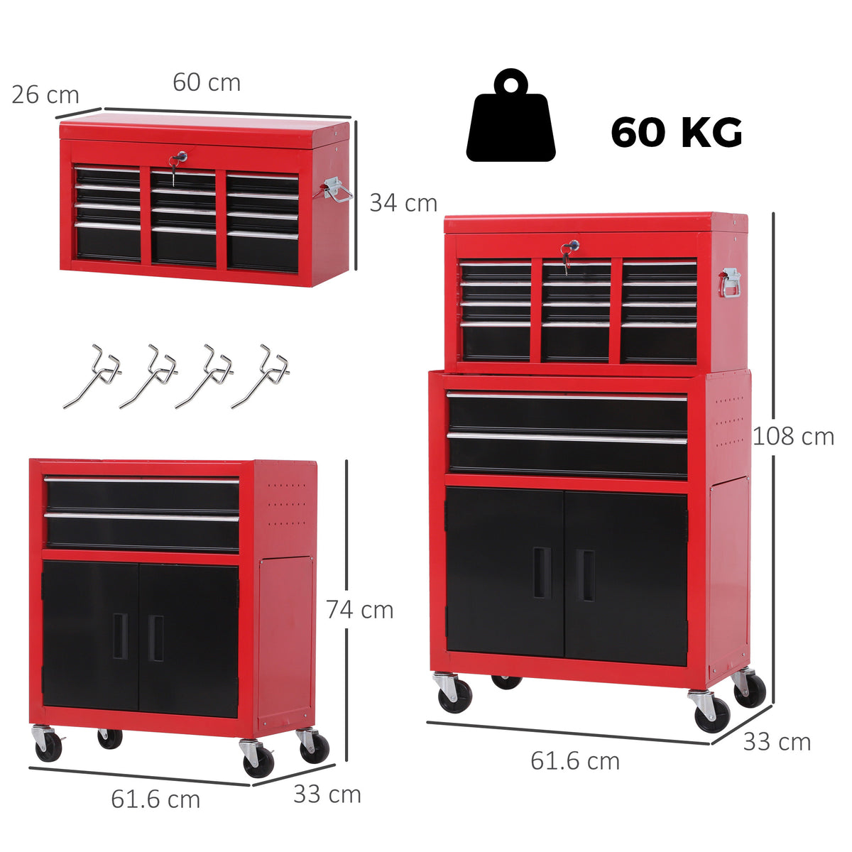 HOMCOM Tool Chest, Metal Tool Cabinet on Wheels with 6 Drawers, Pegboard, Top Chest and Roller Cabinet Combo, 61.6 x 33 x 108cm, Red