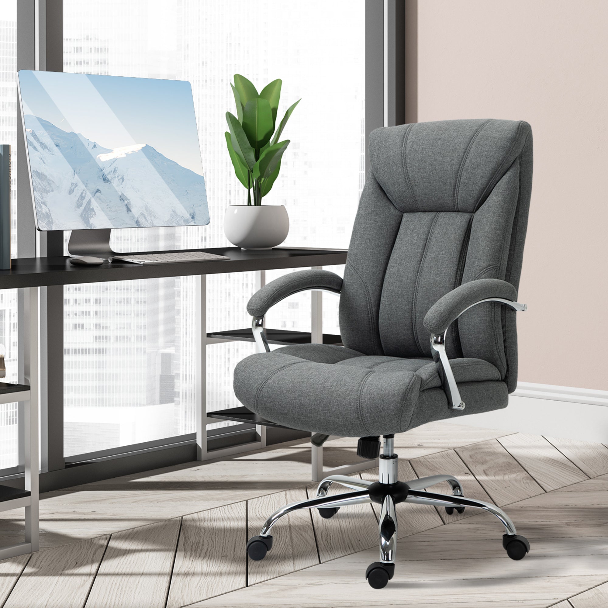 Vinsetto Office Chair, Fabric Desk Chair, Padded Executive Chair with Adjustable Height, Swivel Wheels, Metal Star Base, Grey - North Peak Garden Furniture