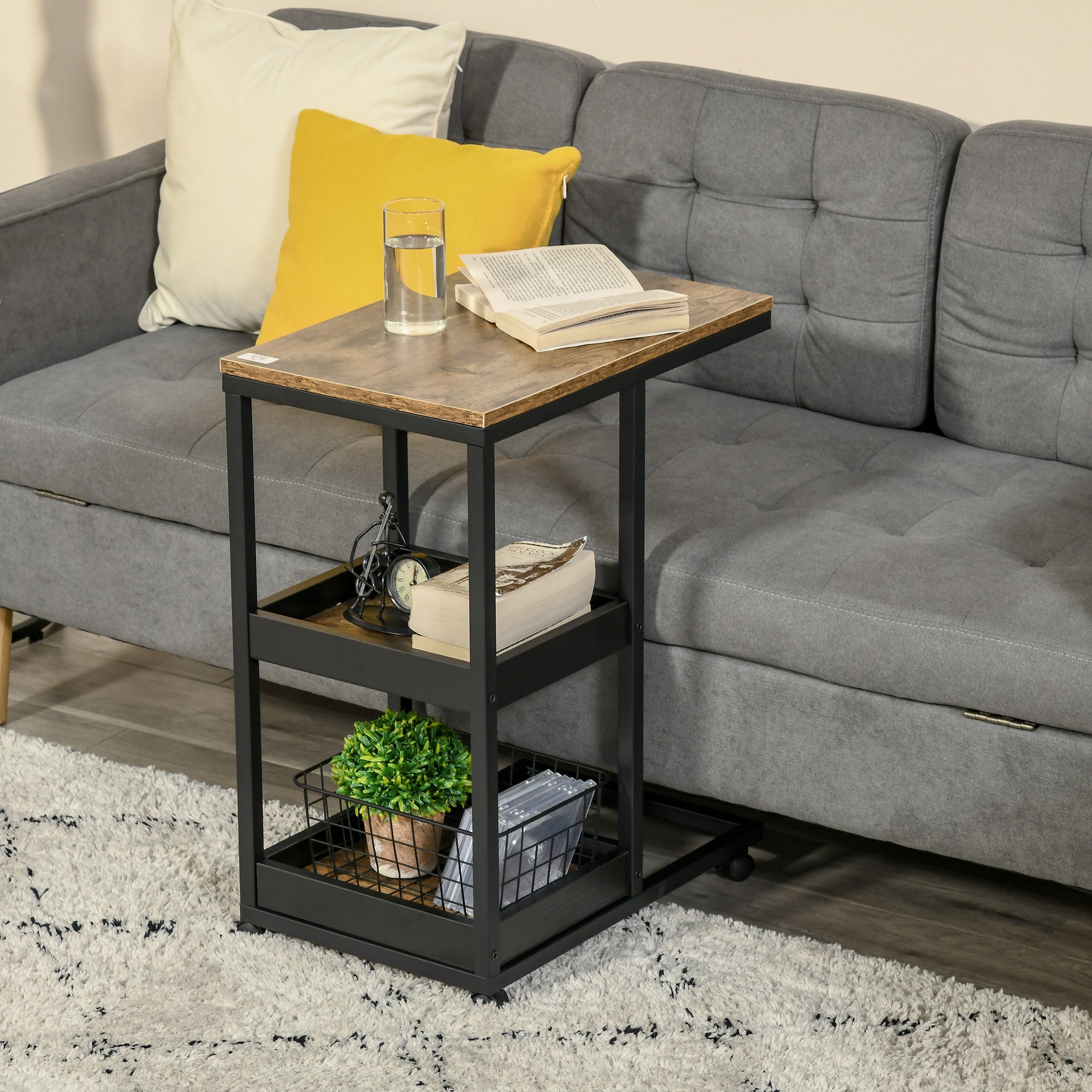 HOMCOM Industrial Mobile Sofa Side Table C-Shaped Rolling Couch Table with 3-Tier Storage Shelving Four Lockable Wheels Steel Frame - Brown - North Peak Garden Furniture