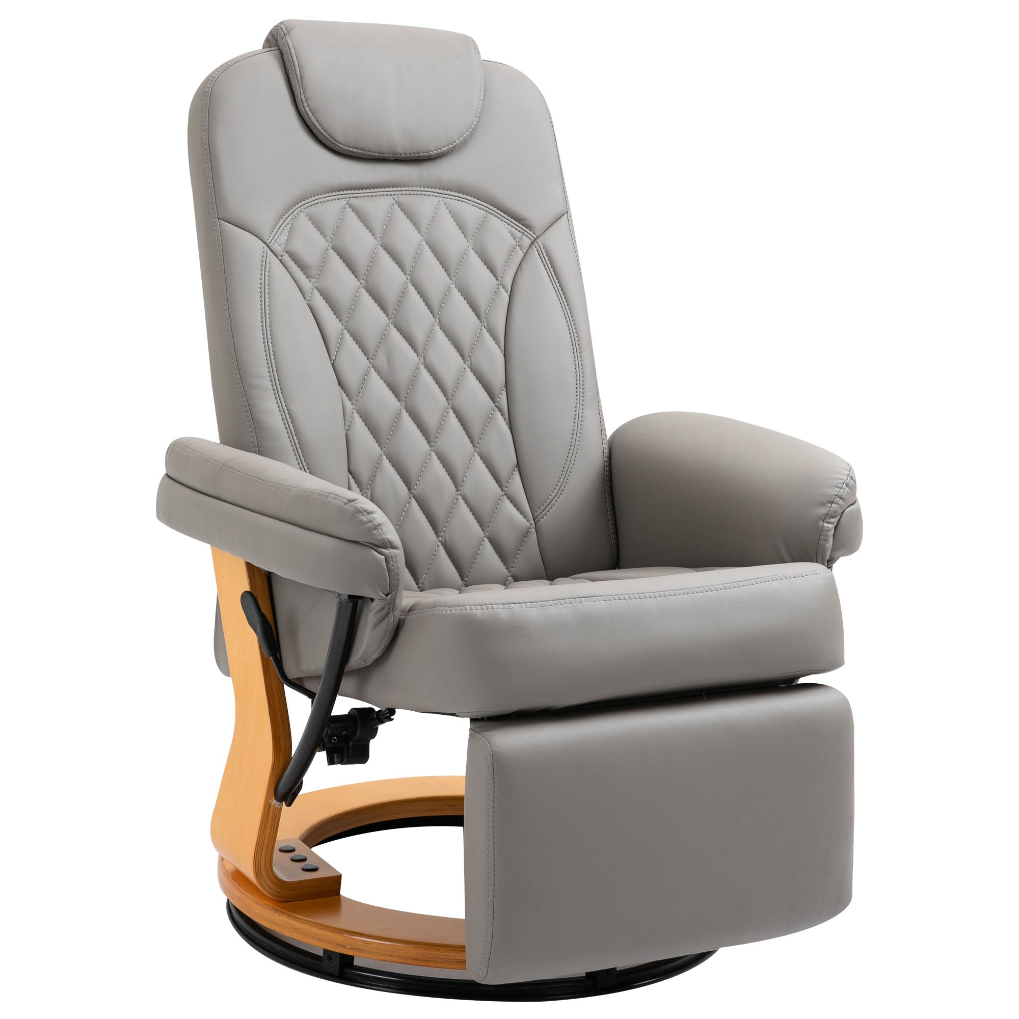 HOMCOM PU Recliner Chair with Footrest, Headrest, Round Wooden Base, Lounge Reading Armchair for Living Room, Bedroom and Office, Grey - North Peak Garden Furniture