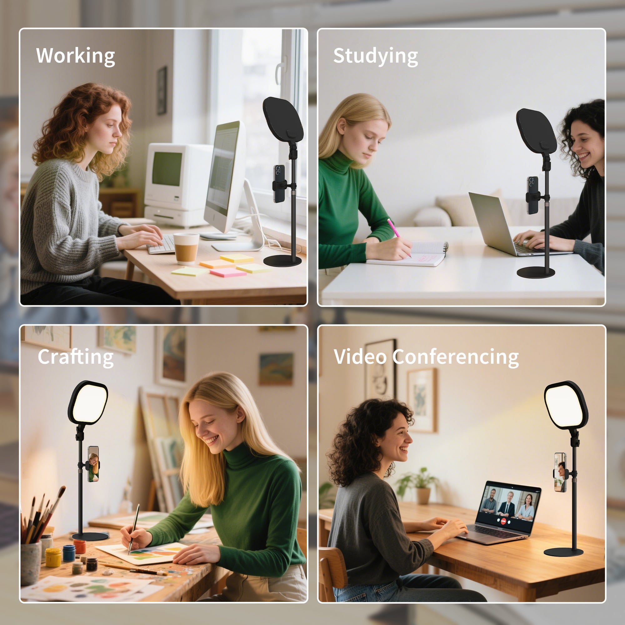 HOMCOM Selfie Light for Video Conference Lighting, Dimmable Desk Lamp with Stand Phone Holder, 5 Colour Modes & 10 Brightness Levels, Memory Function for Home Office, Recording, Video Calls, Black - North Peak Garden Furniture