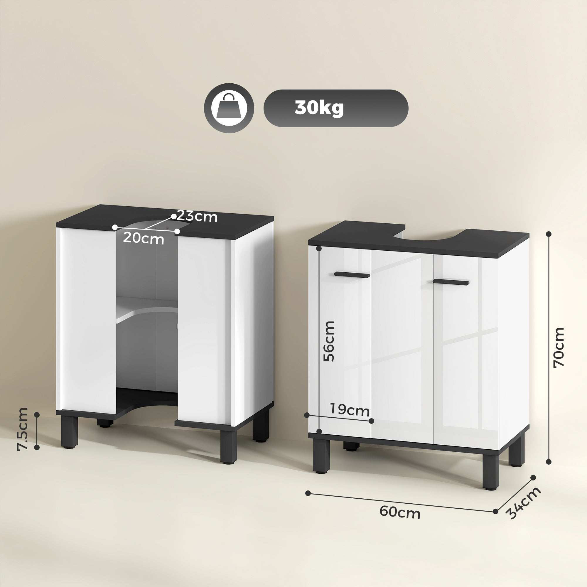 HOMCOM Modern Under-Sink Bathroom Cabinet - High Gloss White