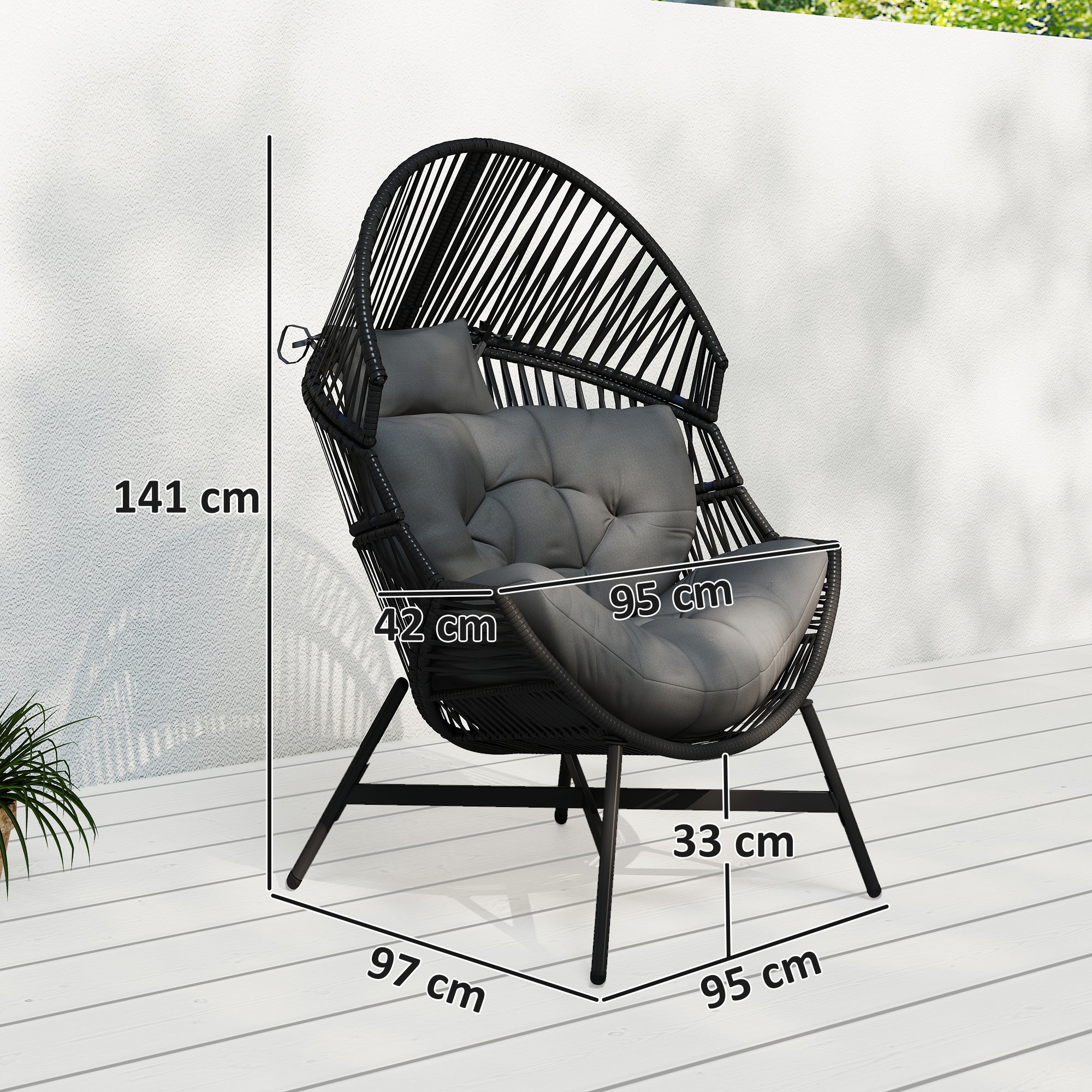 Outsunny Standing Rattan Egg Chair Outdoor, Oversized Wicker Garden Egg Chair with Thick Tufted Cushion, Headrest, Steel Frame, Charcoal Grey