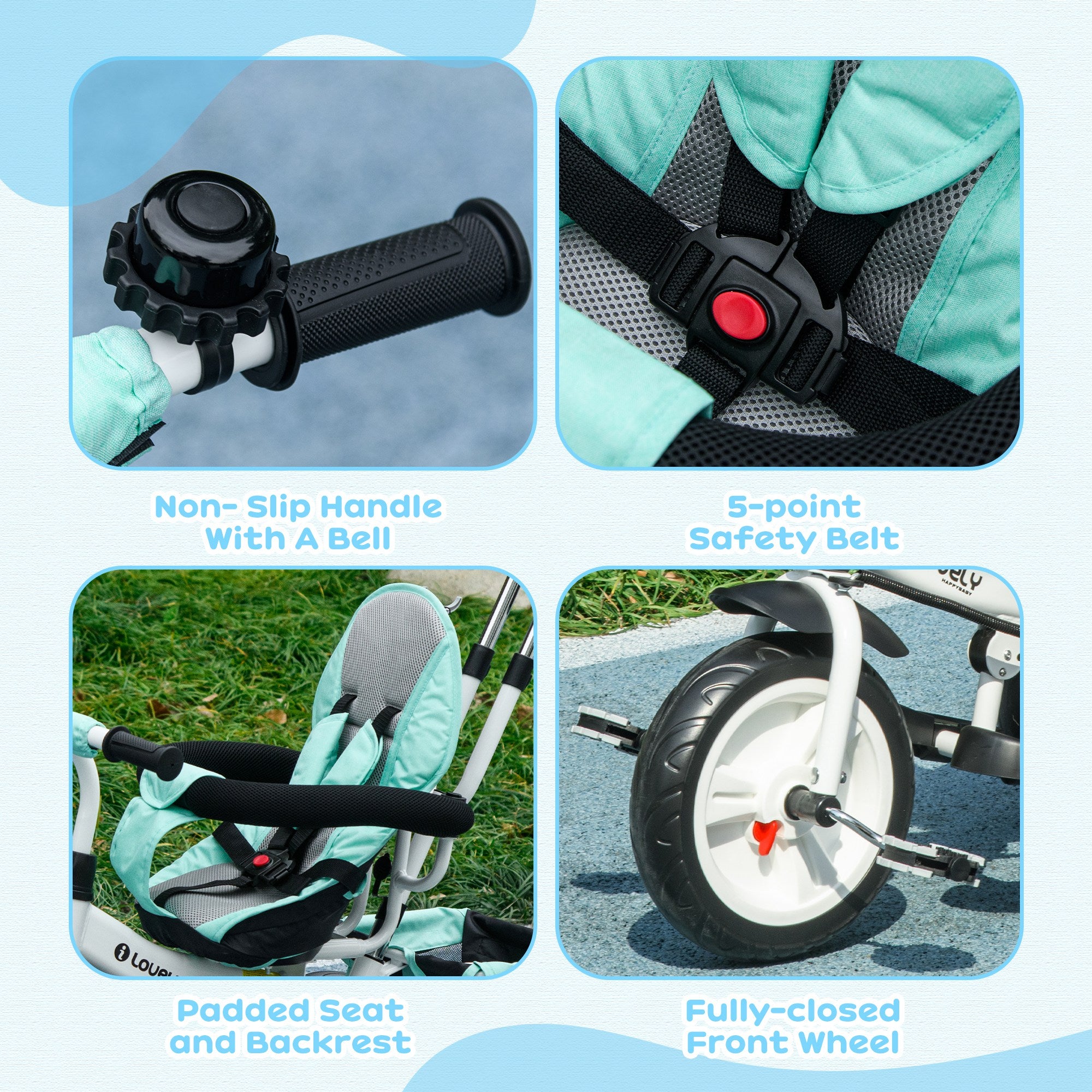 HOMCOM 6 in 1 Kids Trike Push Bike w/ Push Handle, Canopy, 5-point Safety Belt, Storage, Footrest, Brake, for 1-5 Years, Green - North Peak Garden Furniture
