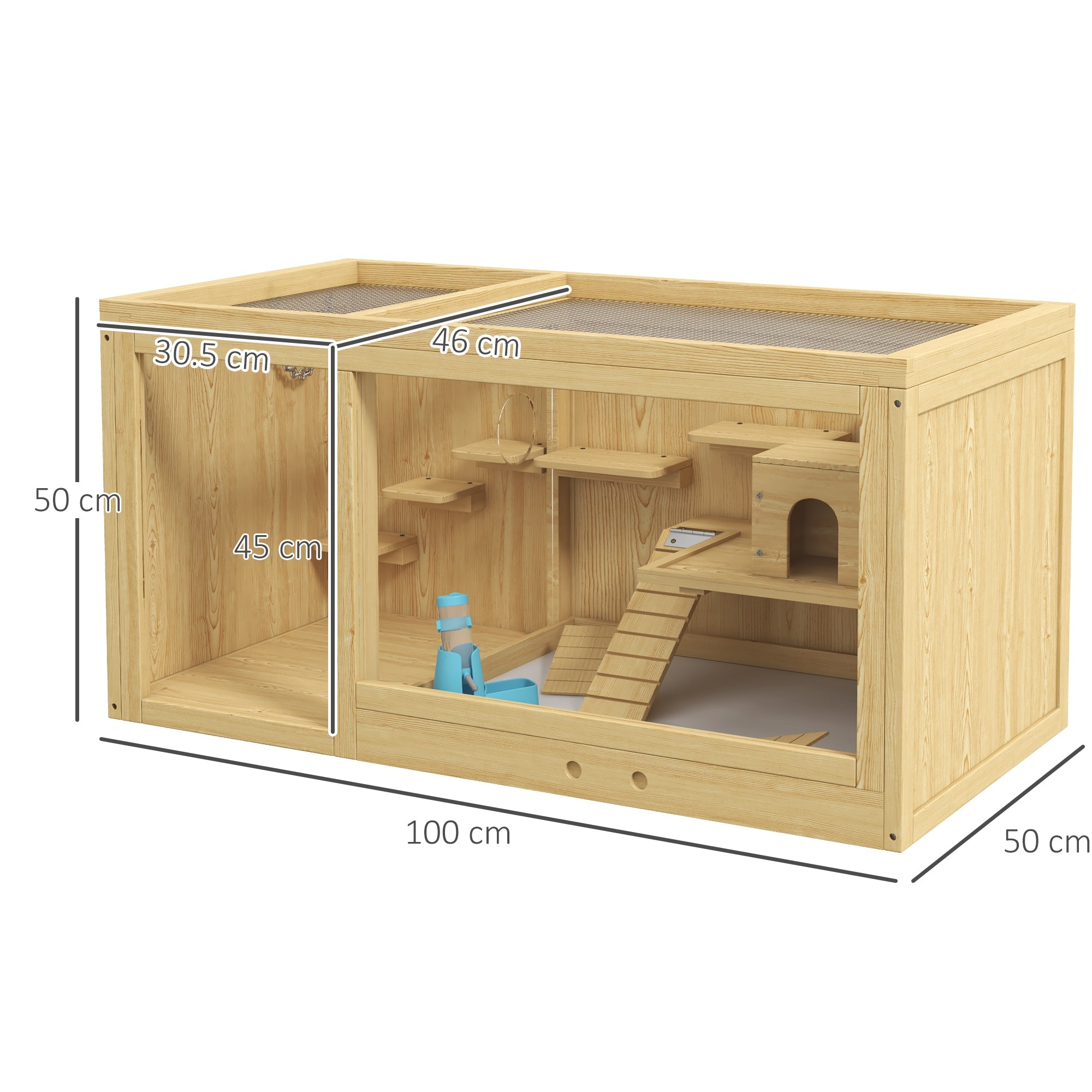 PawHut Wooden Hamster Cage with Water Bottle, Platforms, Openable Roof, Sliding Tray, Hut, Seesaws, Natural Wood Finish - North Peak Garden Furniture