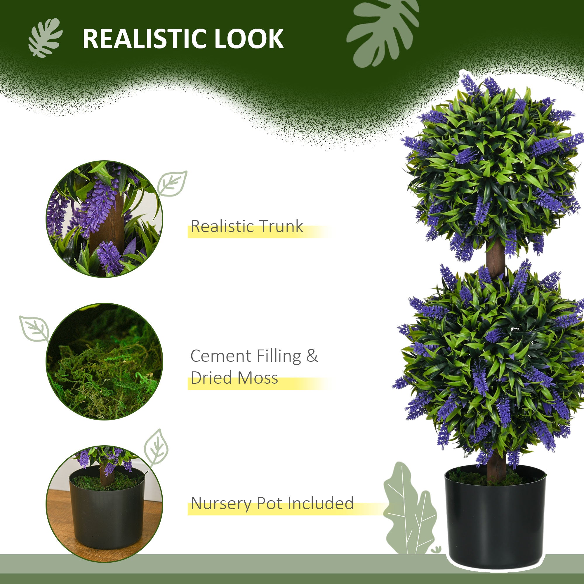 HOMCOM Set of 2 Artificial Plants, Lavender Flowers Ball Trees with Pot, for Home Indoor Outdoor Decor, 70cm - North Peak Garden Furniture