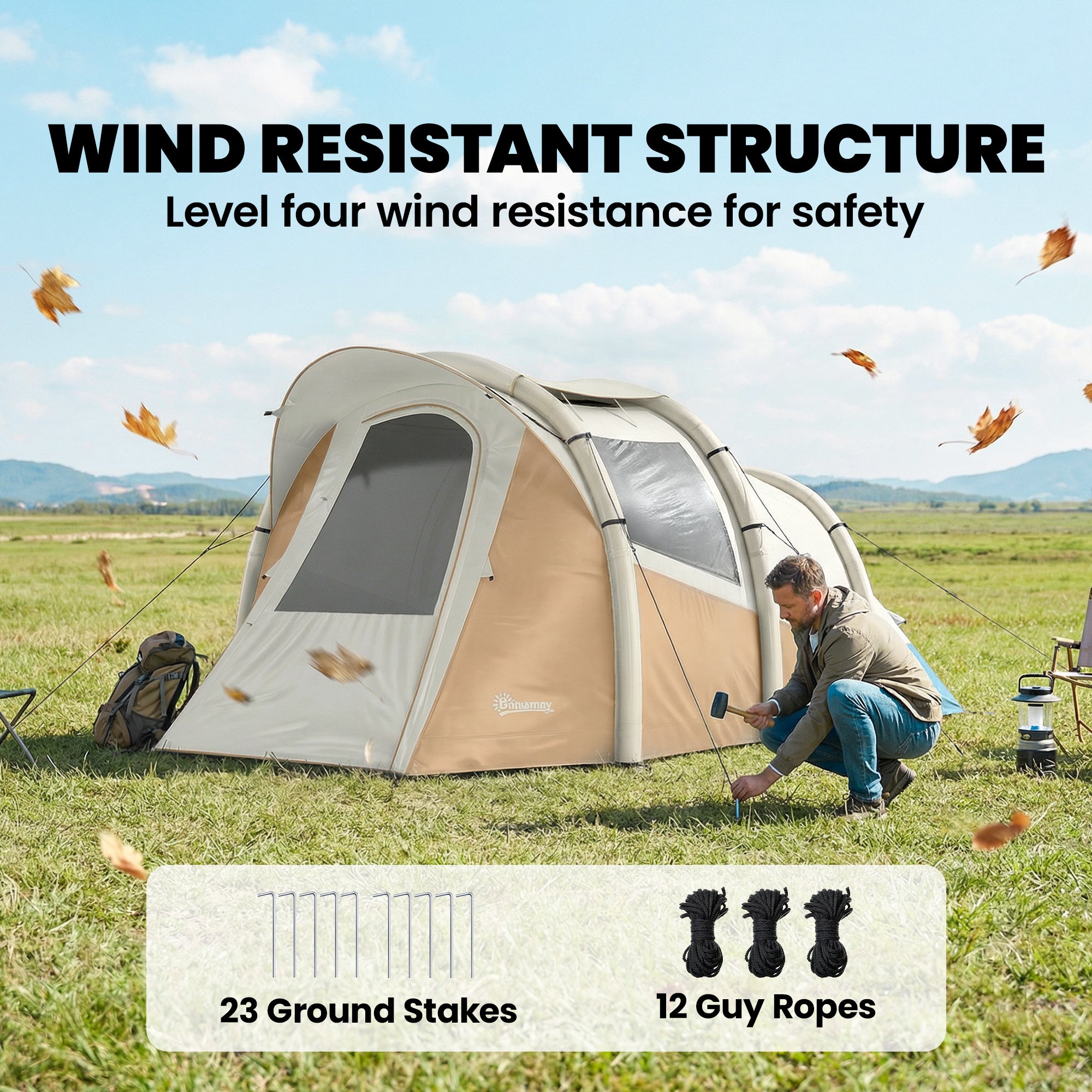 Outsunny Inflatable Camping Tent w/ Air Pump, Easy Setup 2-3 Person Blow Up Tent, Khaki