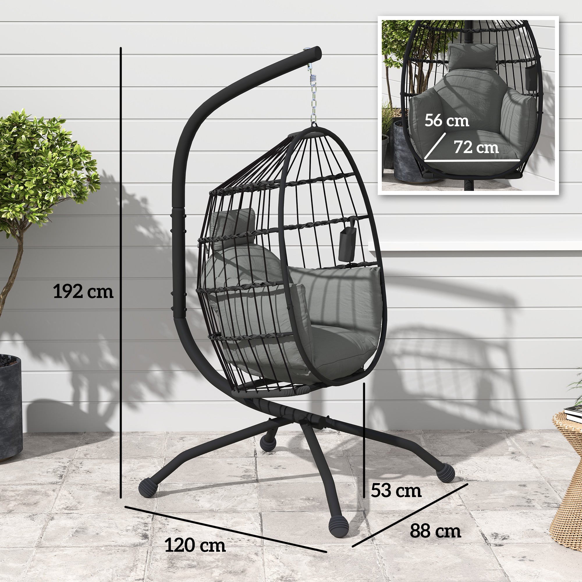 Outsunny Hanging Egg Chair Outdoor Indoor Garden Swing Chair with Folding Basket and Thickened Cushion, Garden Hanging Chair with Stand, Headrest, Cup Holder for Patio, Balcony, Dark Grey