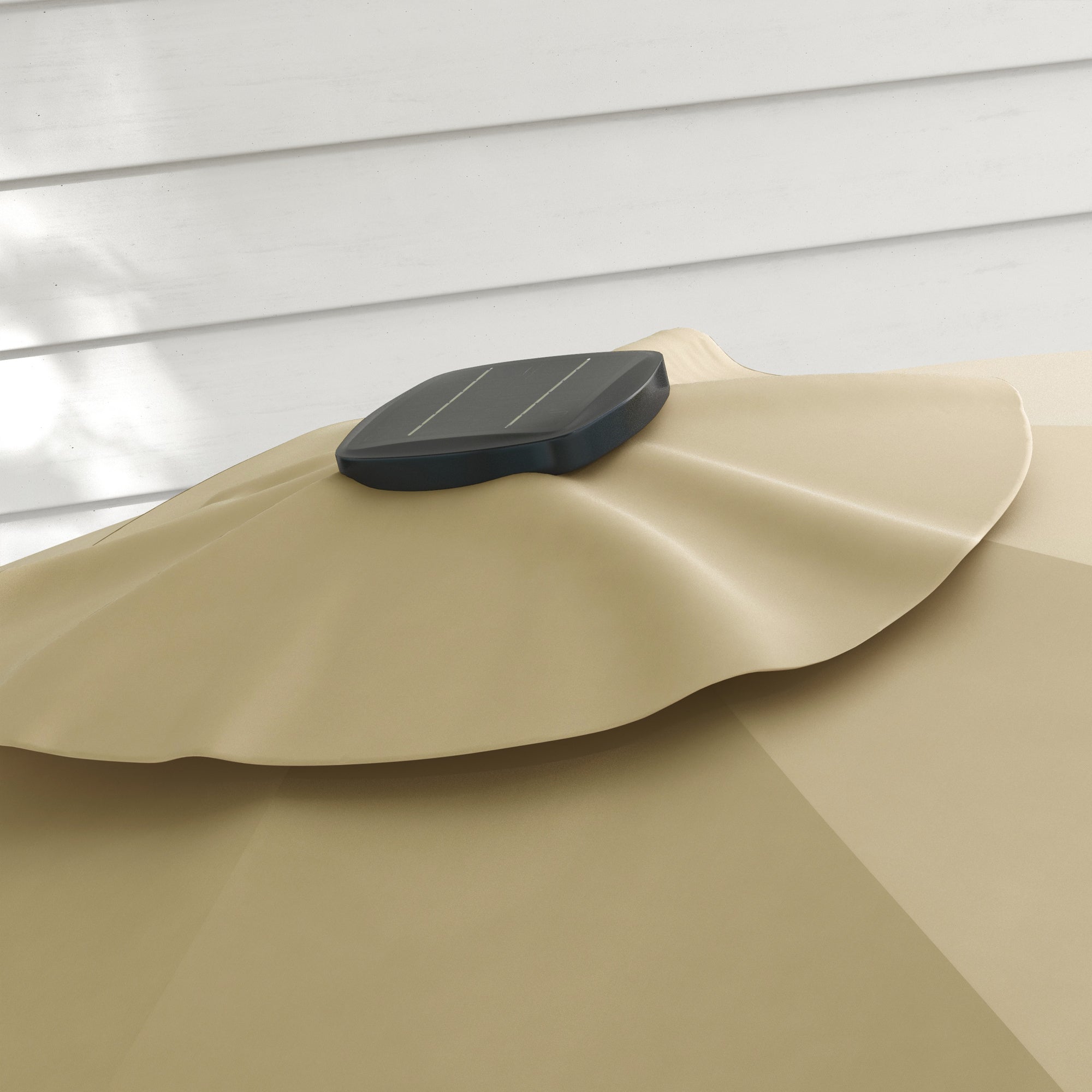 Outsunny 3(m) Adjustable Cantilever Parasol with Base, Solar LED Lights, Khaki - North Peak Garden Furniture