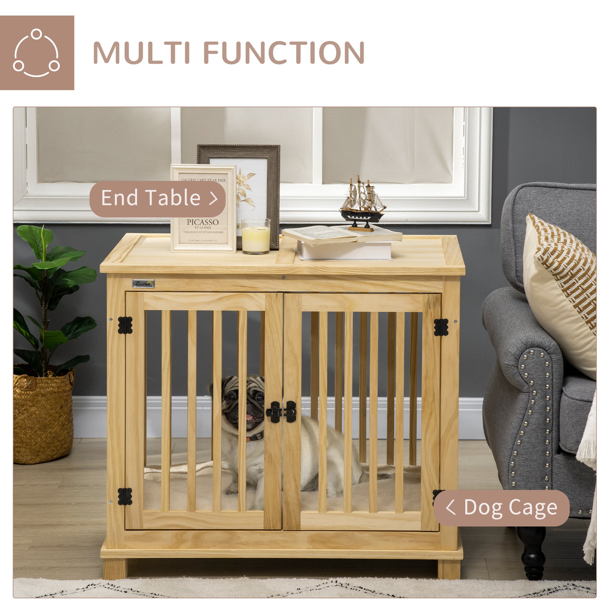 PawHut Wooden Dog Crate, with Double Doors, Cushion, for Medium Dogs - Natural Finish - North Peak Garden Furniture