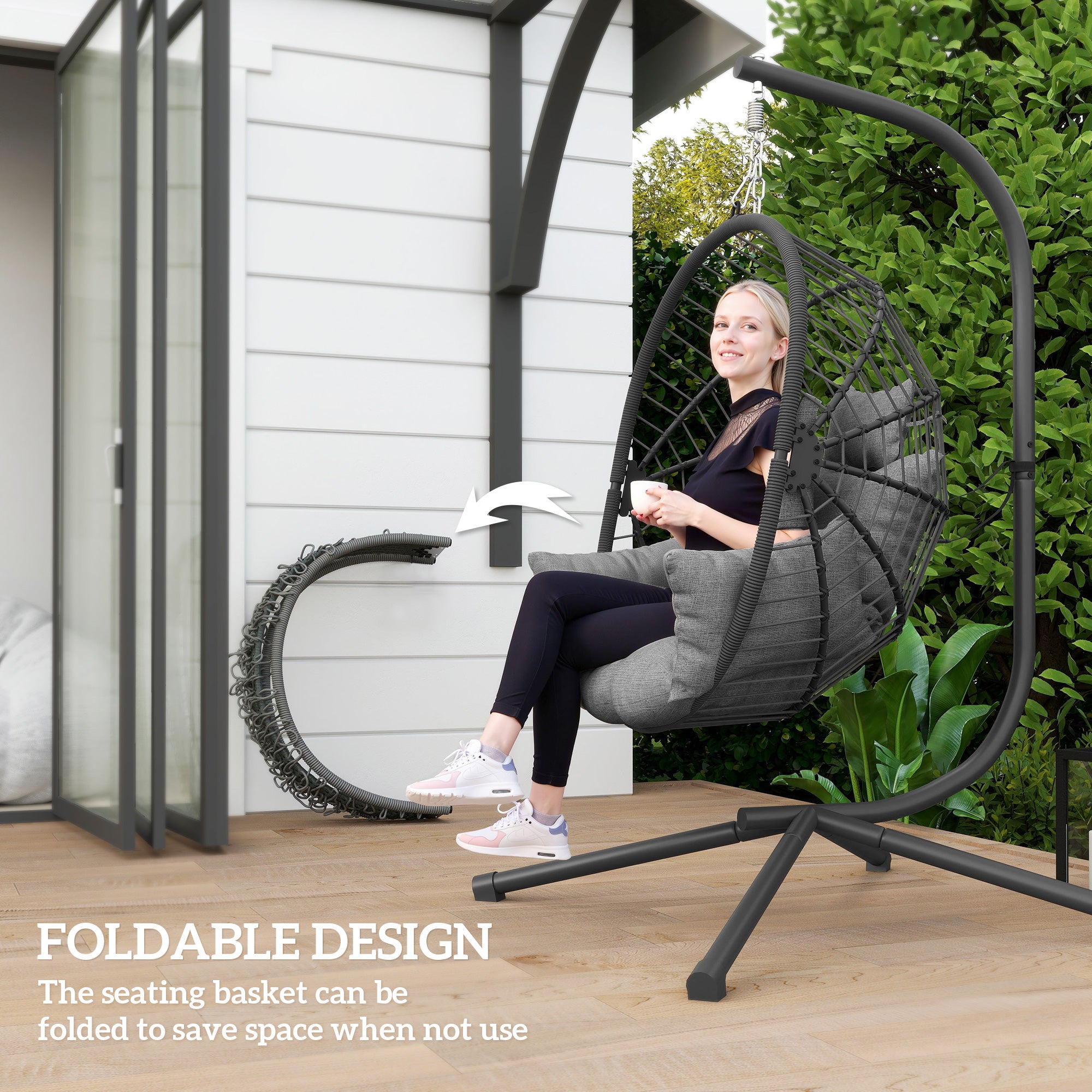 Outsunny Metal Stand Hanging Egg Chair, with Full Body Padded Seat - Grey - North Peak Garden Furniture