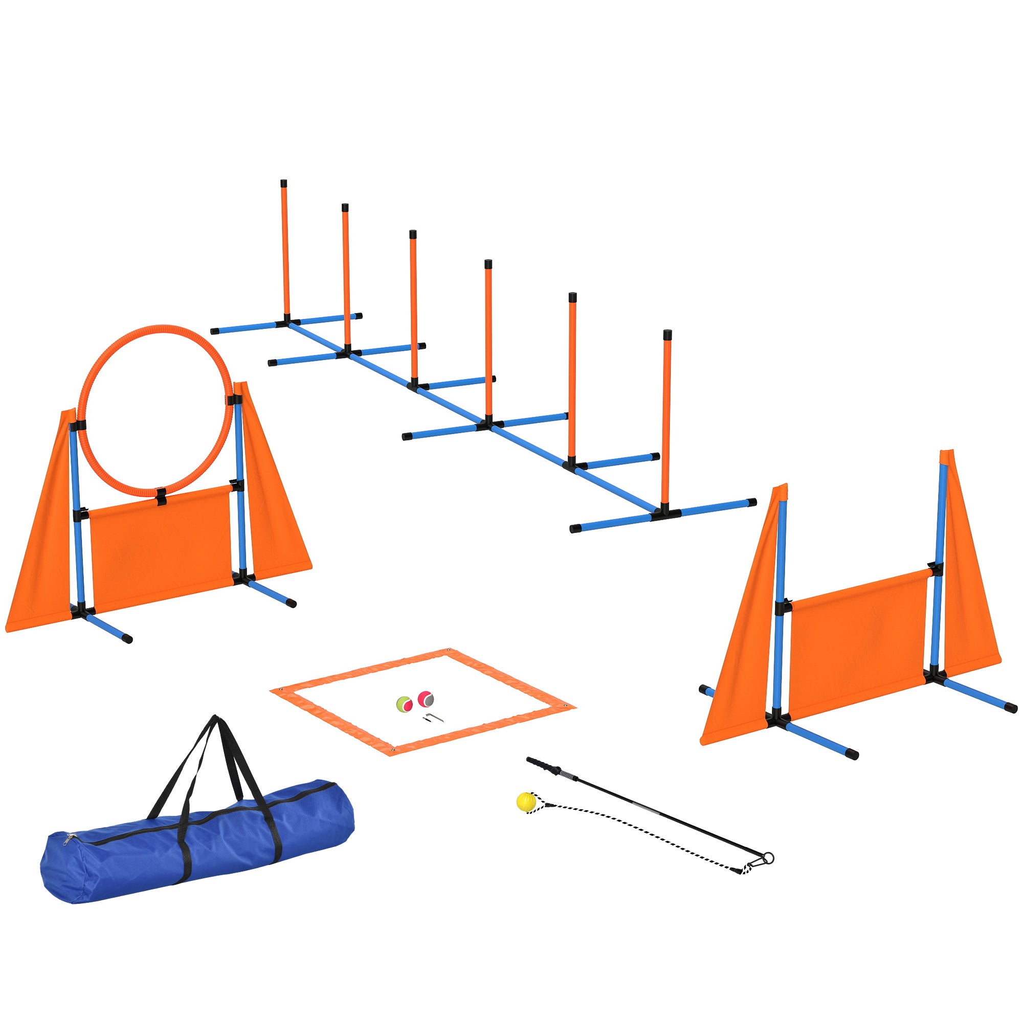 PawHut 7-Piece Dog Agility Equipment Set with Weave Poles, Jump Ring and Hurdle, Pause Box and Carry Bag, Orange - North Peak Garden Furniture