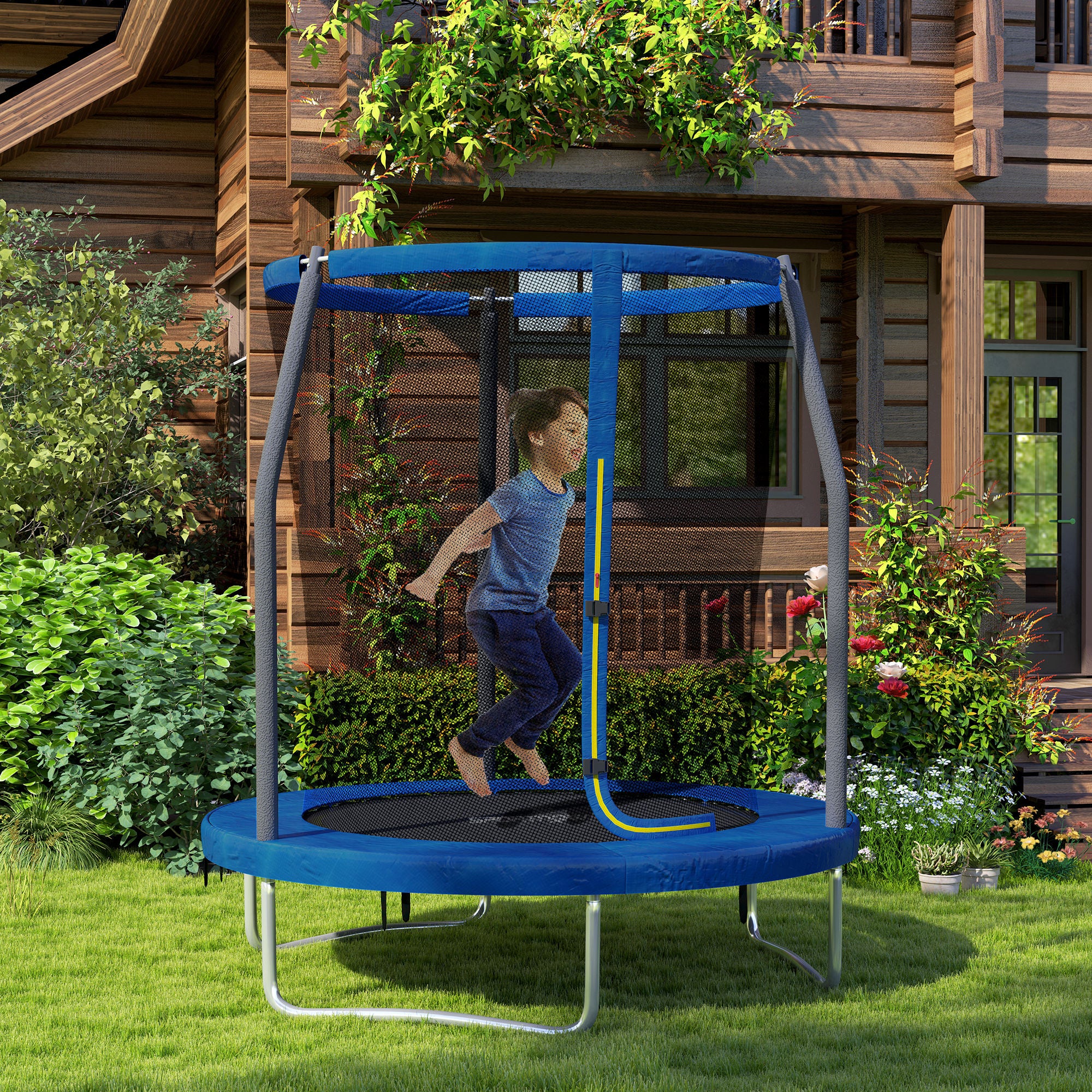 SPORTNOW 6ft Trampoline with Safety Enclosure Net, Steel Frame Outdoor Trampoline, Jumping Mat with Edge Safety Cover for Fitness, Blue - North Peak Garden Furniture