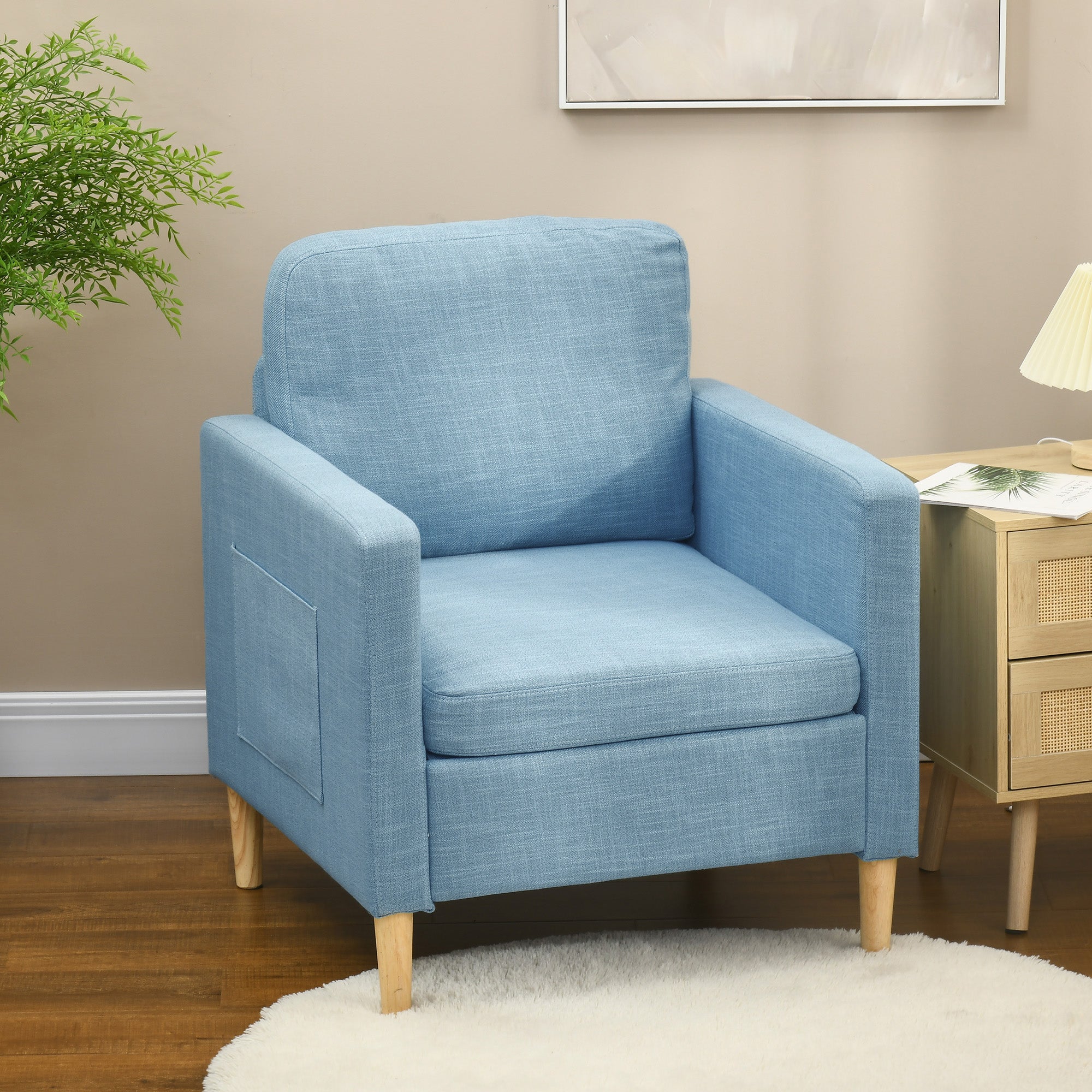 HOMCOM Modern Accent Chair, Comfy Fireside Chair, Upholstered Armchair for Living Room, Bedroom, Home Office, Blue - North Peak Garden Furniture