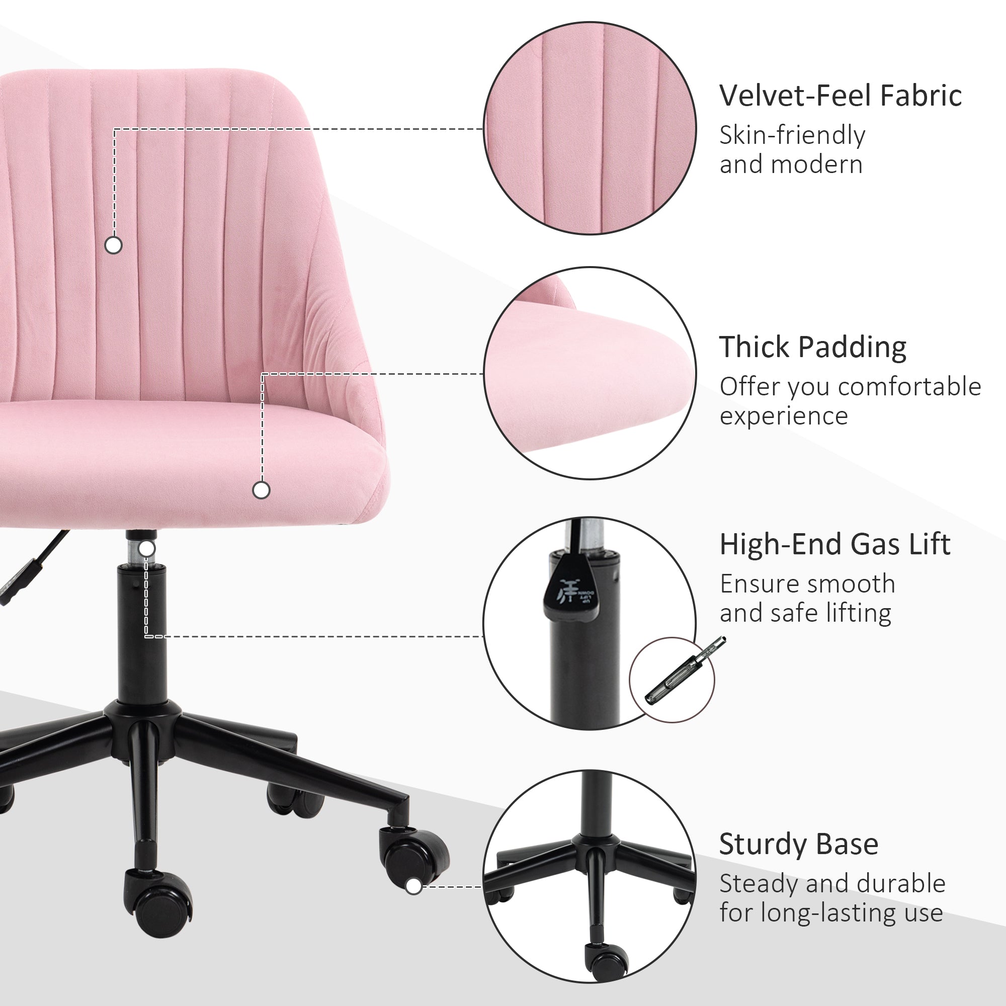 Vinsetto Velvet-Feel Armless Office Chair - Pink - North Peak Garden Furniture