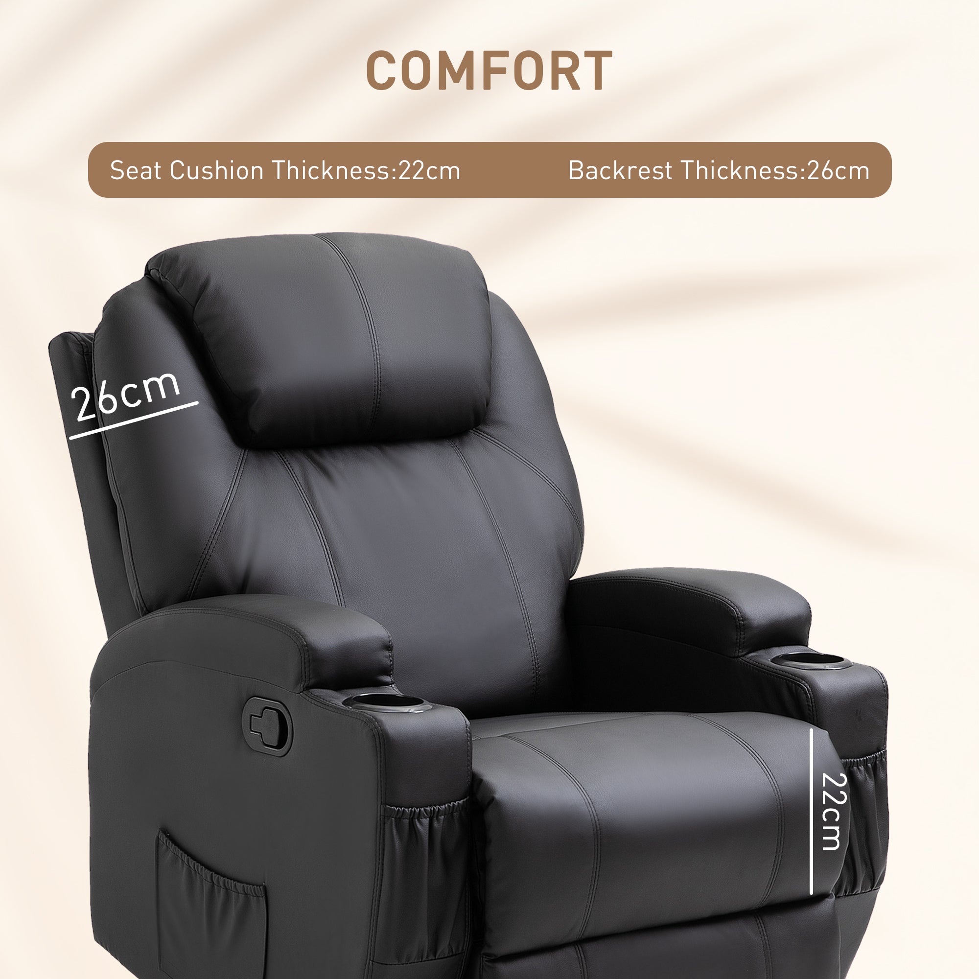 HOMCOM Recliner Armchair, Rocking Massage Swivel PU Leather Manual Reclining Chair with Adjustable Leg Rest, Drink Holders, Side Pocket, for Home Living Room Theater, Black