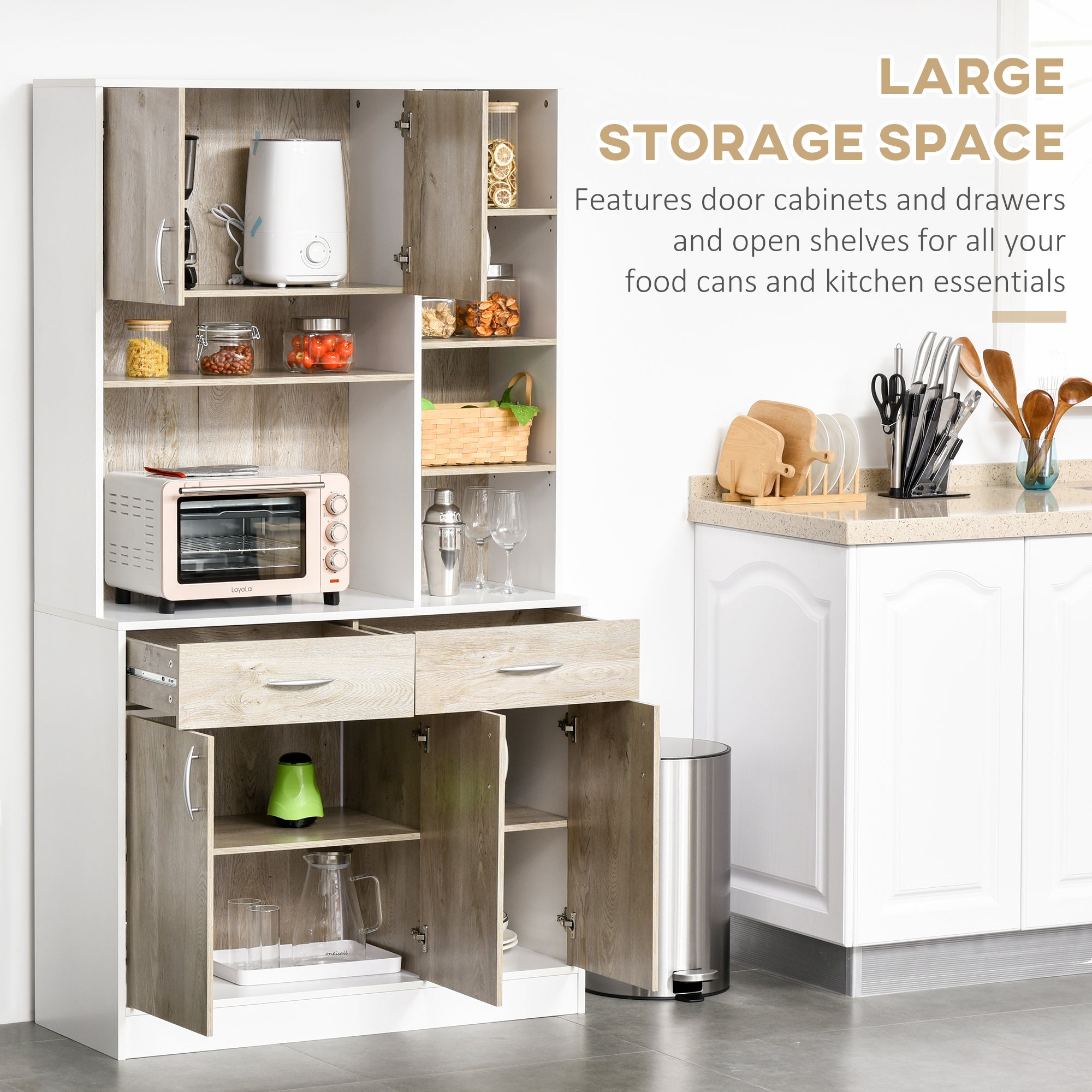 HOMCOM Kitchen Cupboard Sideboard Storage Cabinet Unit with Counter Top, Adjustable Shelves, Drawers for Dining Room, Living Room - North Peak Garden Furniture