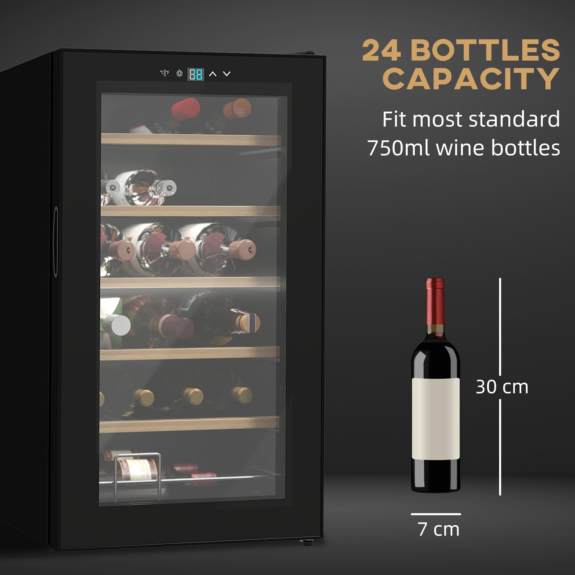 HOMCOM 24 Bottles Freestanding Wine Fridge with Glass Door, 65 Litres Single Zone Wine Cooler Fridge with Digital Touch Screen Controls and LED Light, Black - North Peak Garden Furniture