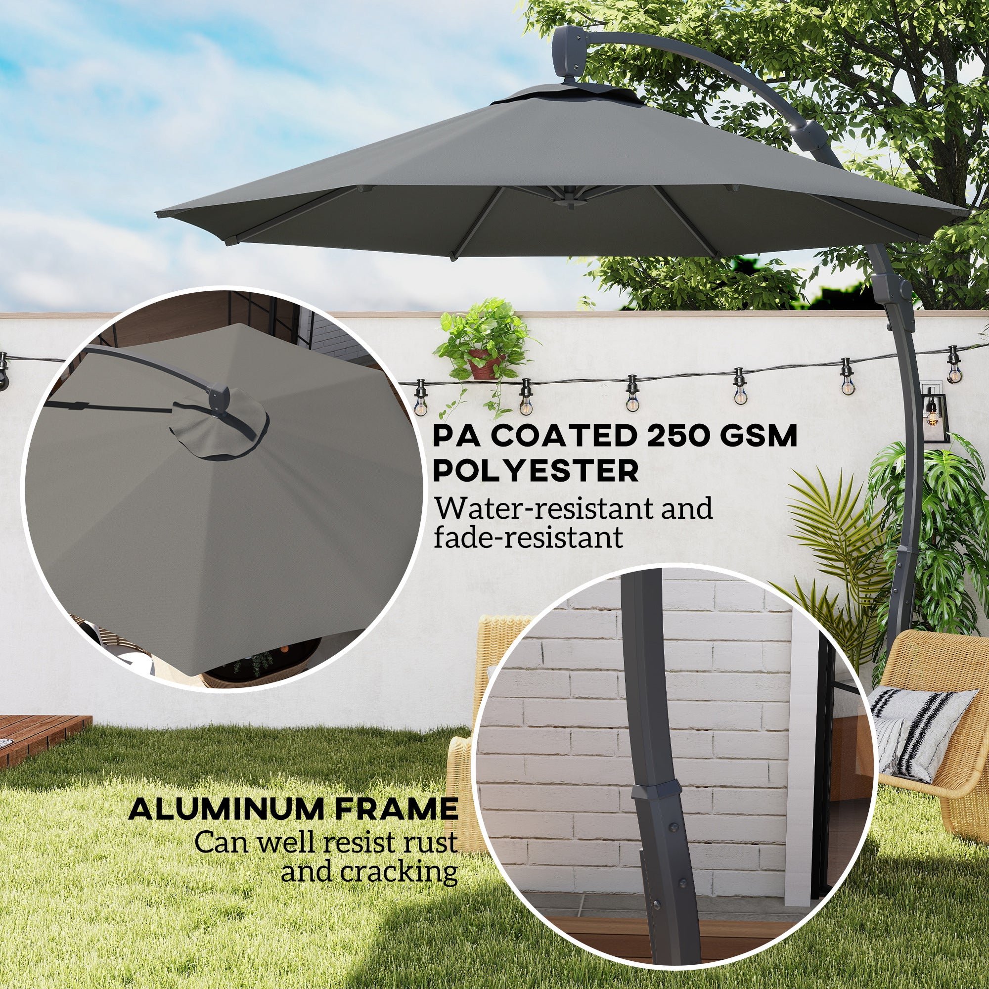 Outsunny 3(m) Garden Cantilever Parasol, Round Overhanging Umbrella with Crank Handle, Cross Base, Aluminium Frame and 360° Rotation, Banana Patio Umbrella for Outdoor Sun Shade, Grey - North Peak Garden Furniture
