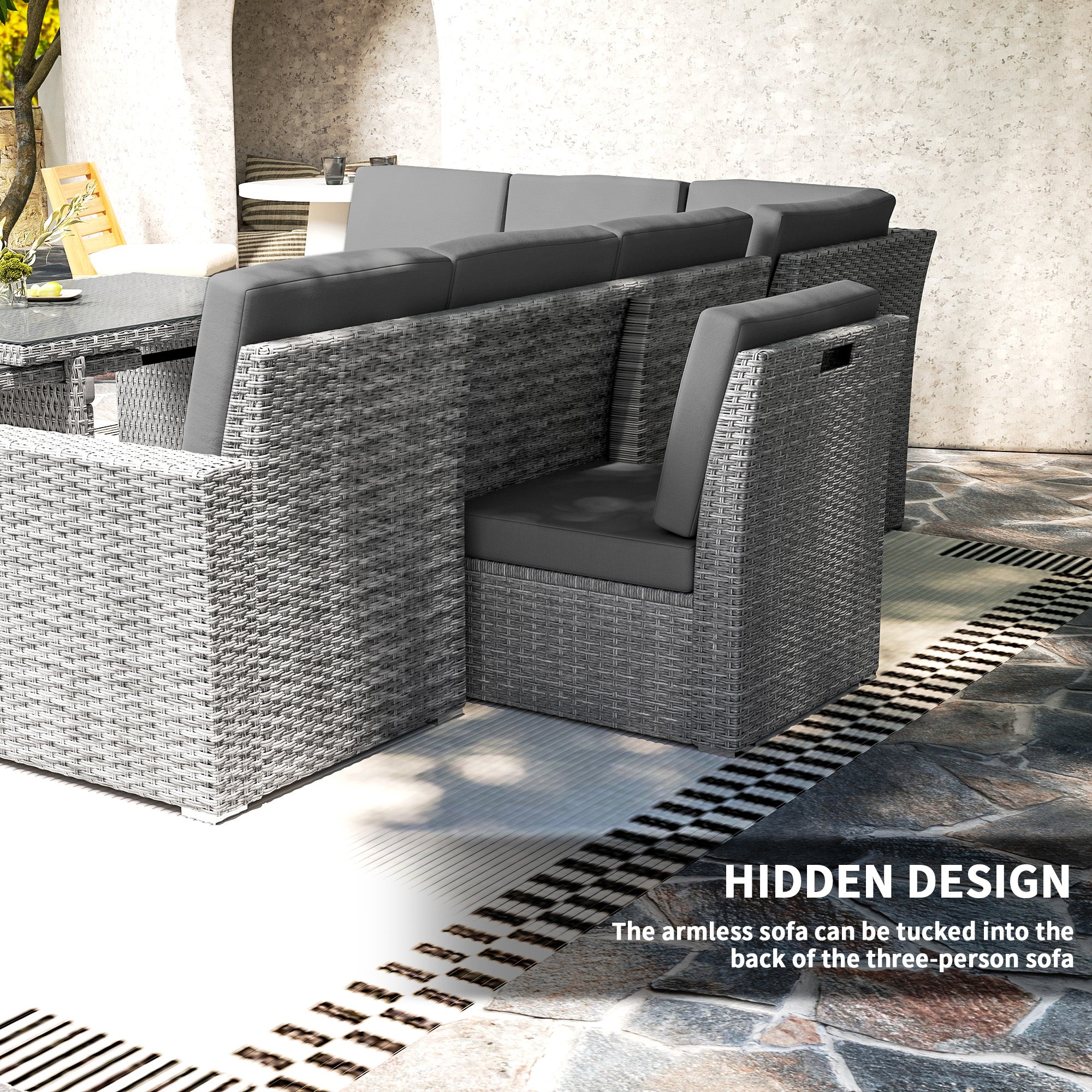 Outsunny Seven-Piece Rattan Garden Sofa Set, with Expanding Table - Light Grey - North Peak Garden Furniture