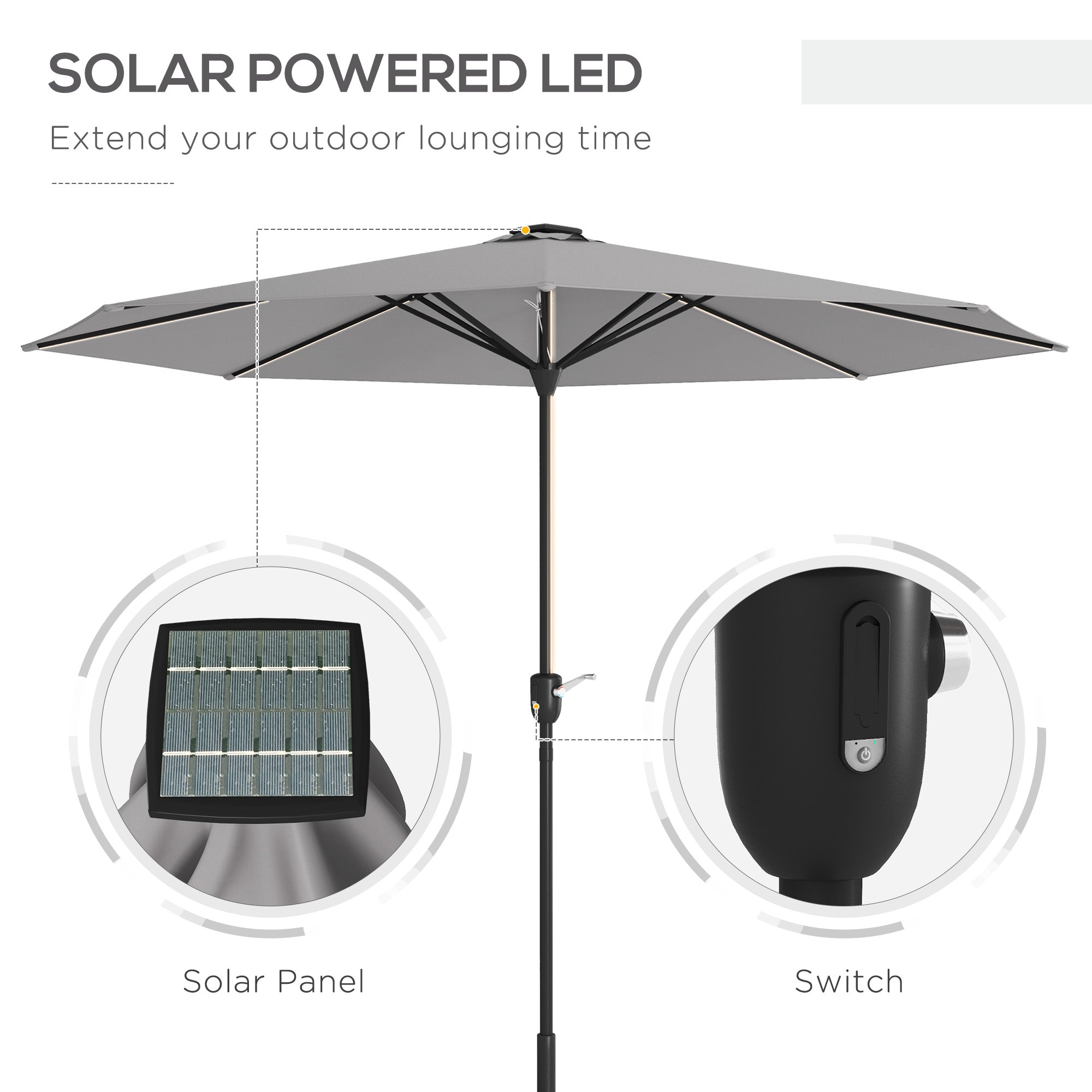 Outsunny 2.65m Garden Parasol, with LED Lights - Light Grey - North Peak Garden Furniture