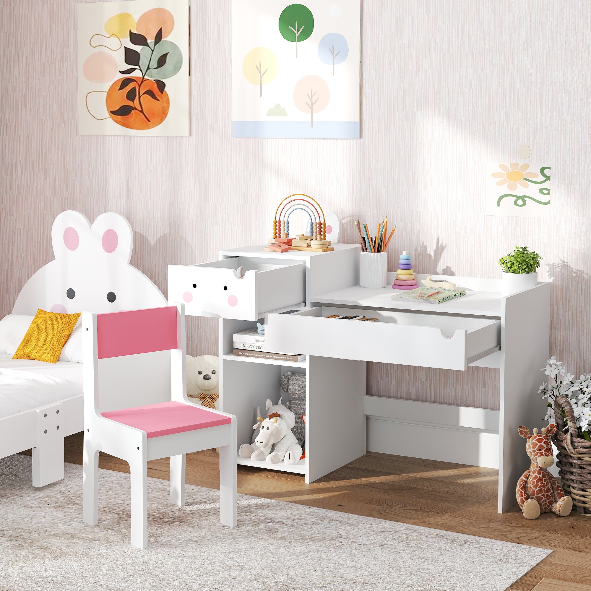 AIYAPLAY Rabbit Themed Kids Desk and Chair Set with Bookcase, Drawers, Storage Shelves, for 3-6 Years, White - North Peak Garden Furniture