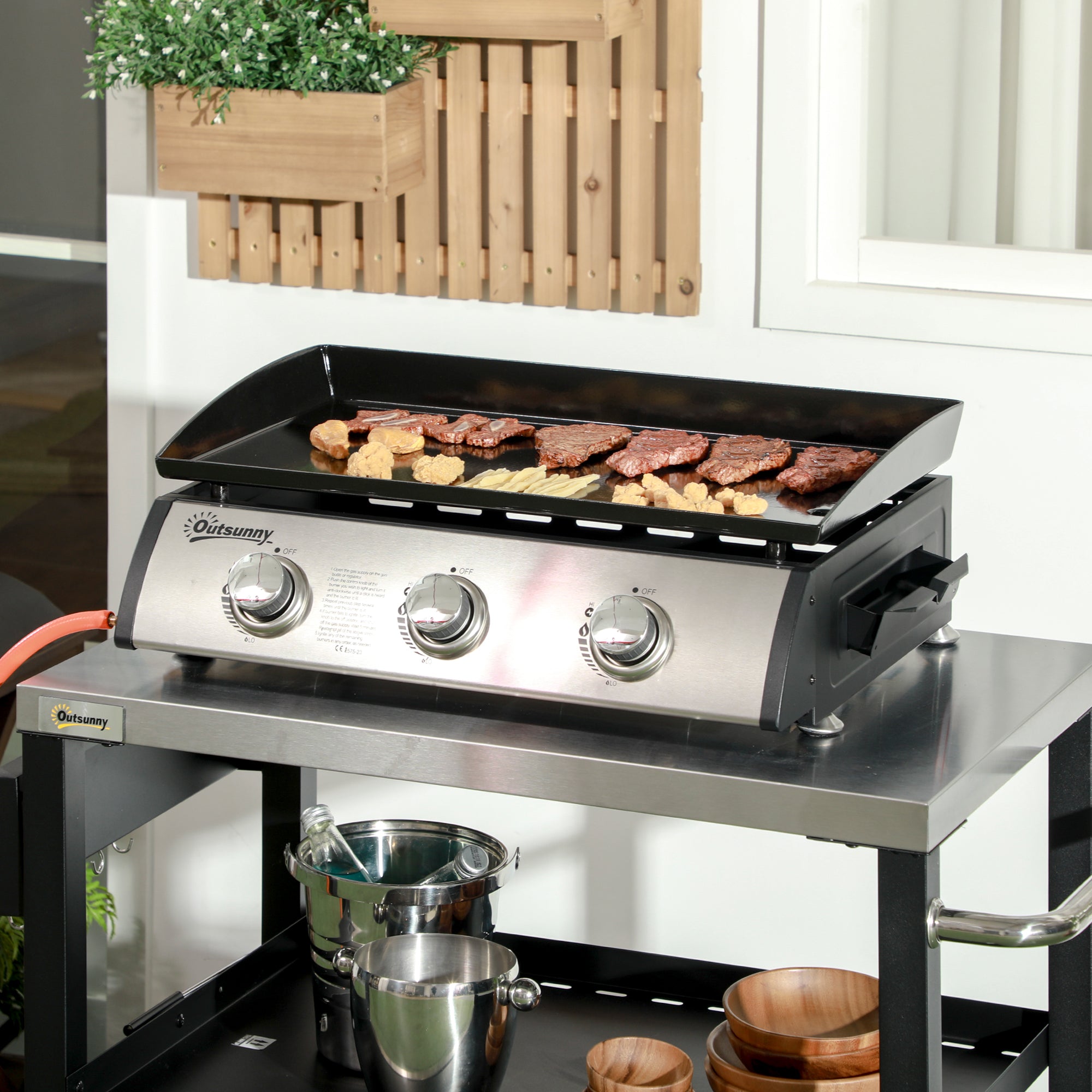Outsunny 3 Burner Gas Plancha BBQ Grill with Lid, Black - North Peak Garden Furniture