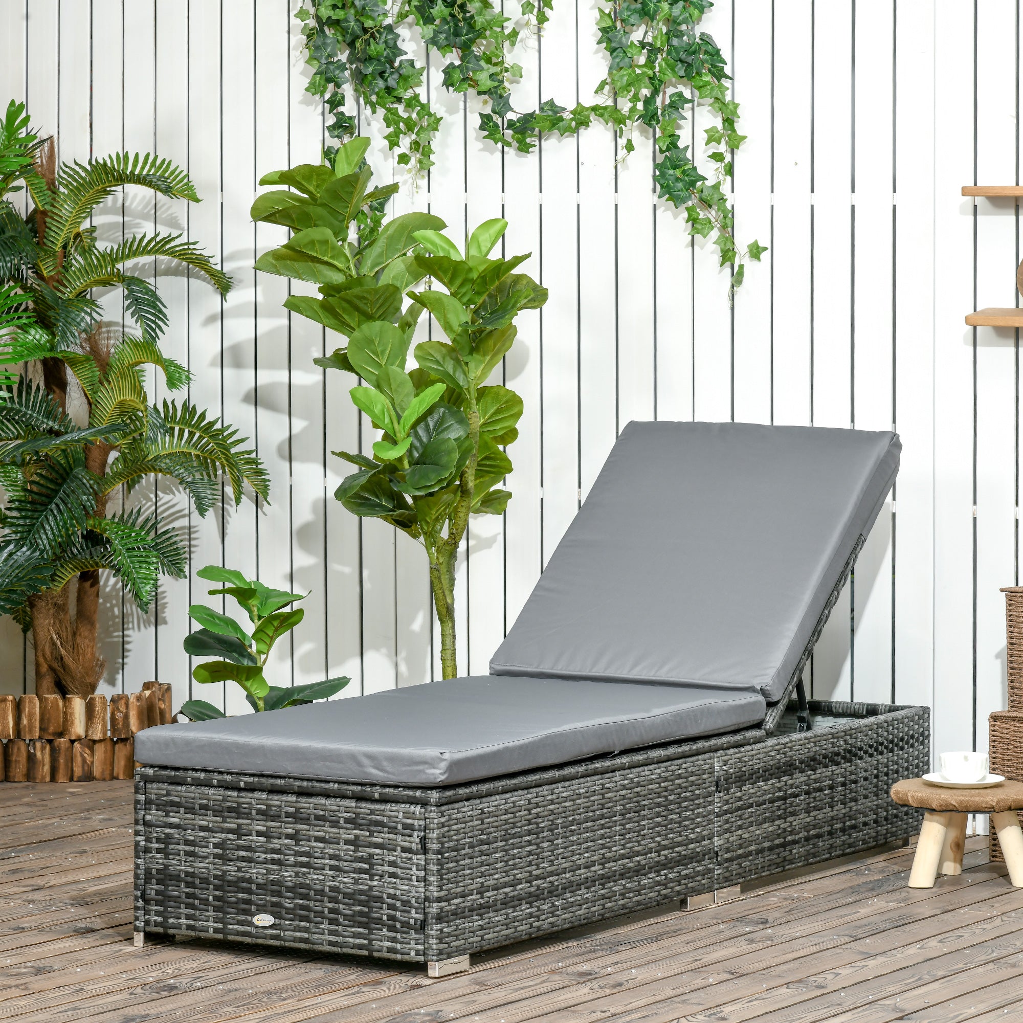 Outsunny PE Rattan Sun Lounger, Five-level Adjustable Recliner Bed Chair with Soft Padded Cushion for Patio, Garden, Mixed Grey - North Peak Garden Furniture