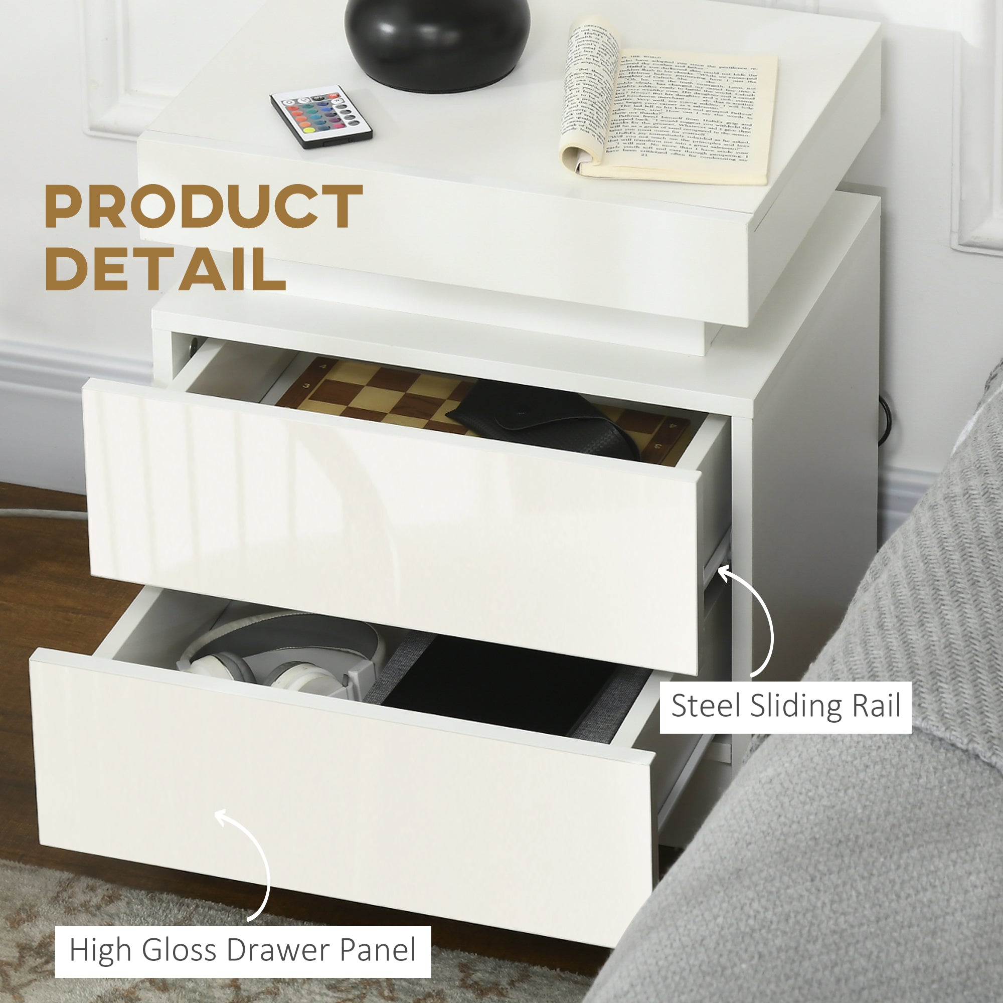HOMCOM White Bedside Table with LED Light, High Gloss Front Nightstand with 2 Drawers, for Living Room, Bedroom - North Peak Garden Furniture