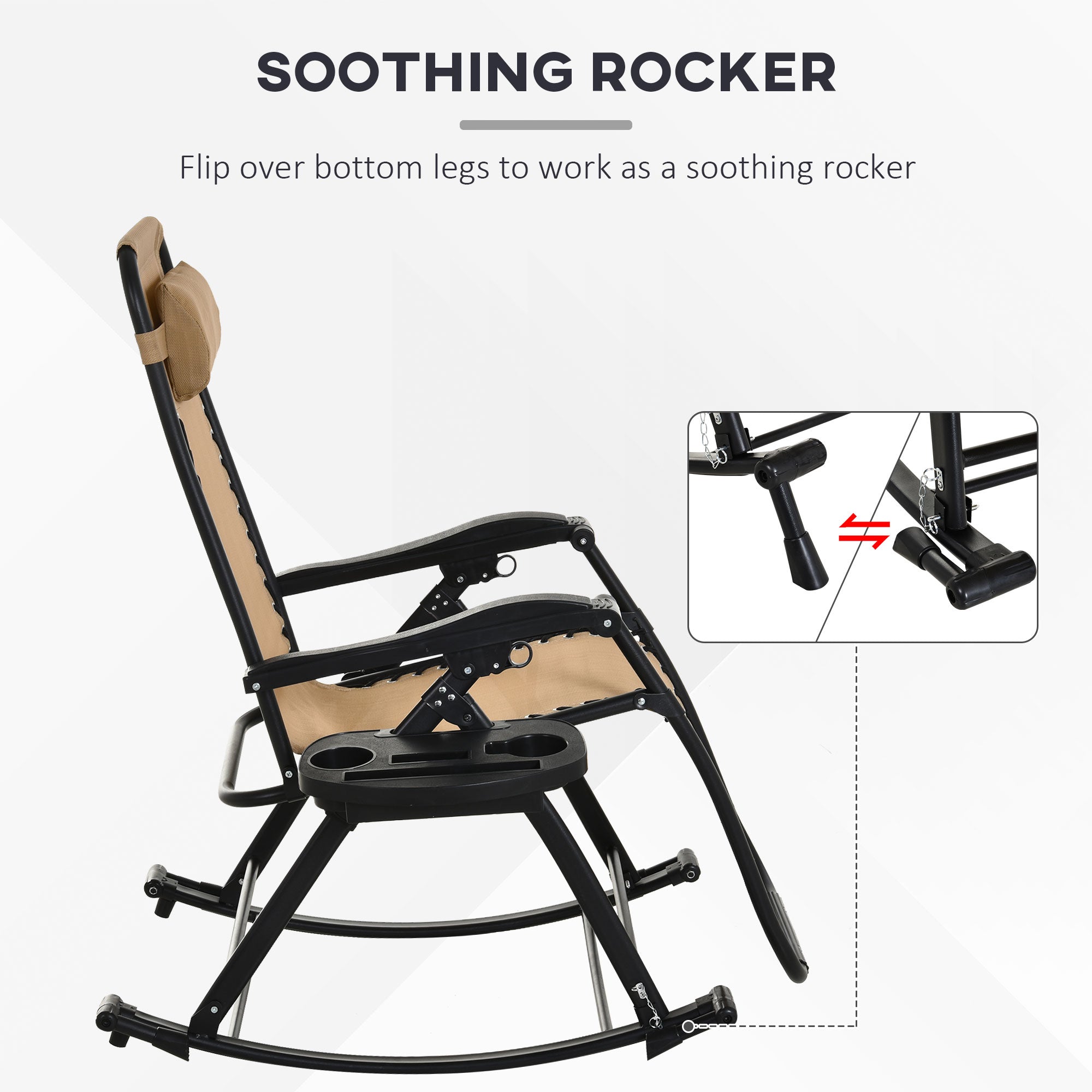 Outsunny Garden Rocking Chair Folding Recliner Outdoor Adjustable Sun Lounger Rocker Zero-Gravity Seat with Headrest Side Holder Patio Deck - Beige - North Peak Garden Furniture