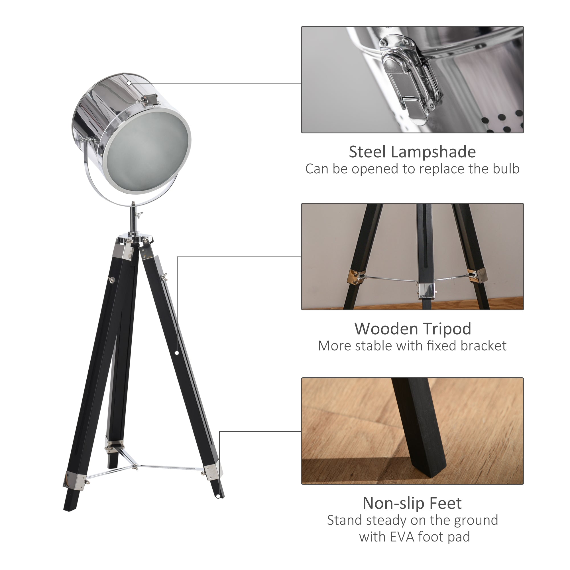 HOMCOM Industrial Style Adjustable Tripod Floor Lamp, Searchlight Lamp with Wooden Legs and Steel Lampshade, 110-155cm, Black - North Peak Garden Furniture