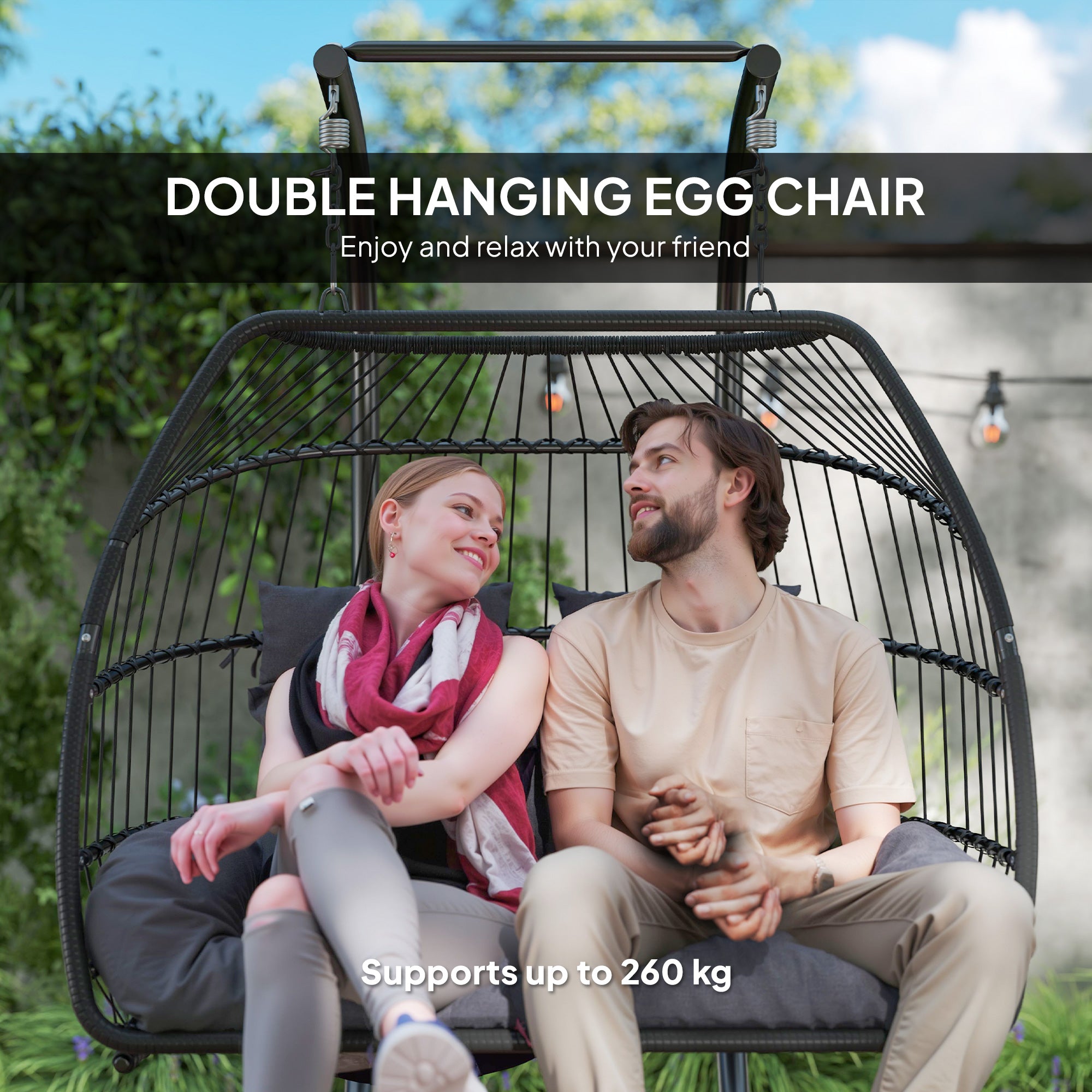 Outsunny Rattan Double Hanging Egg Chair with Stand, Foldable Wicker Swing Egg Chair with Cushion, Head Pillows, Steel Frame, Hammock Chair for Indoor Outdoor, Capacity 260 kg, Dark Grey - North Peak Garden Furniture