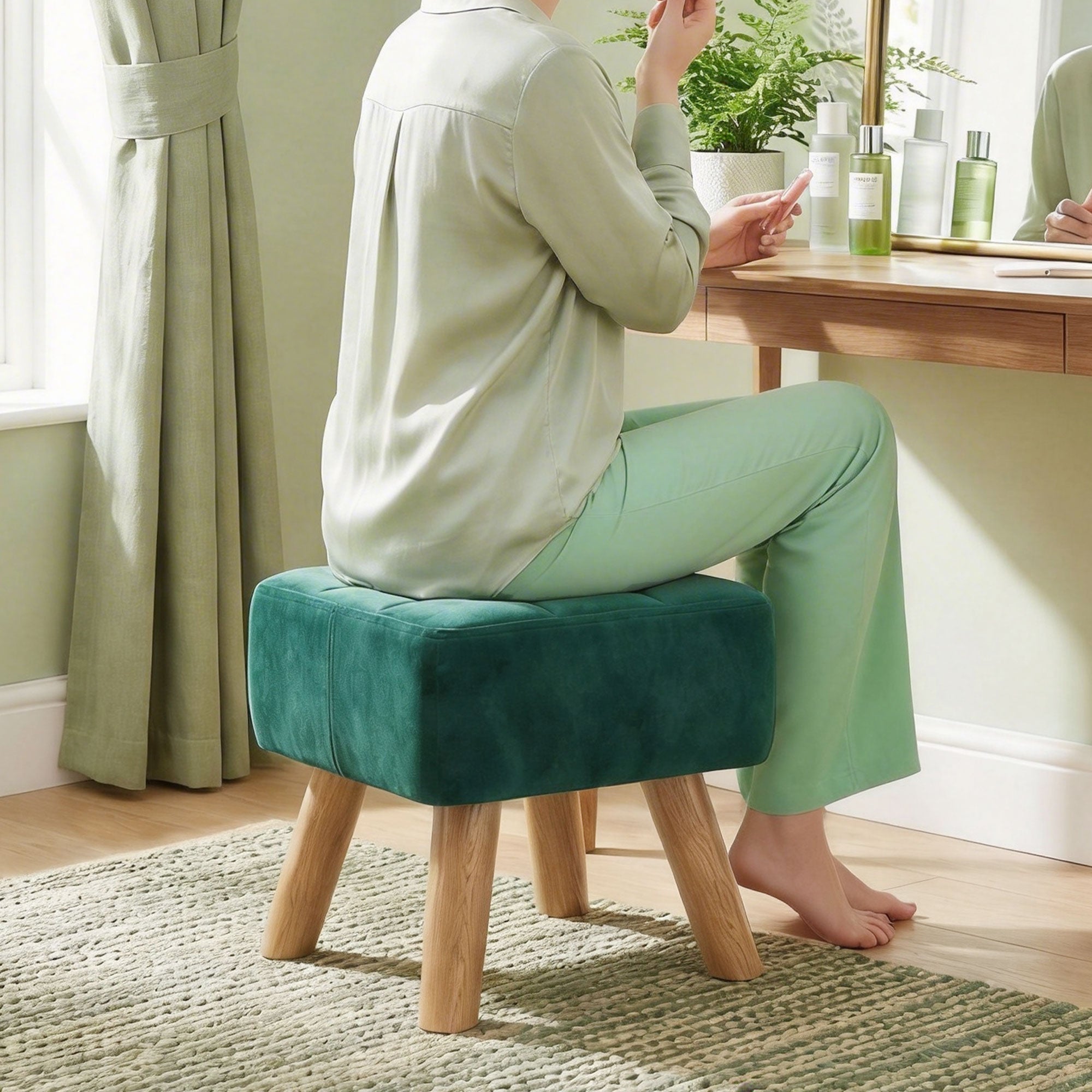 HOMCOM Velvet Square Padded Footstool - Dark Green