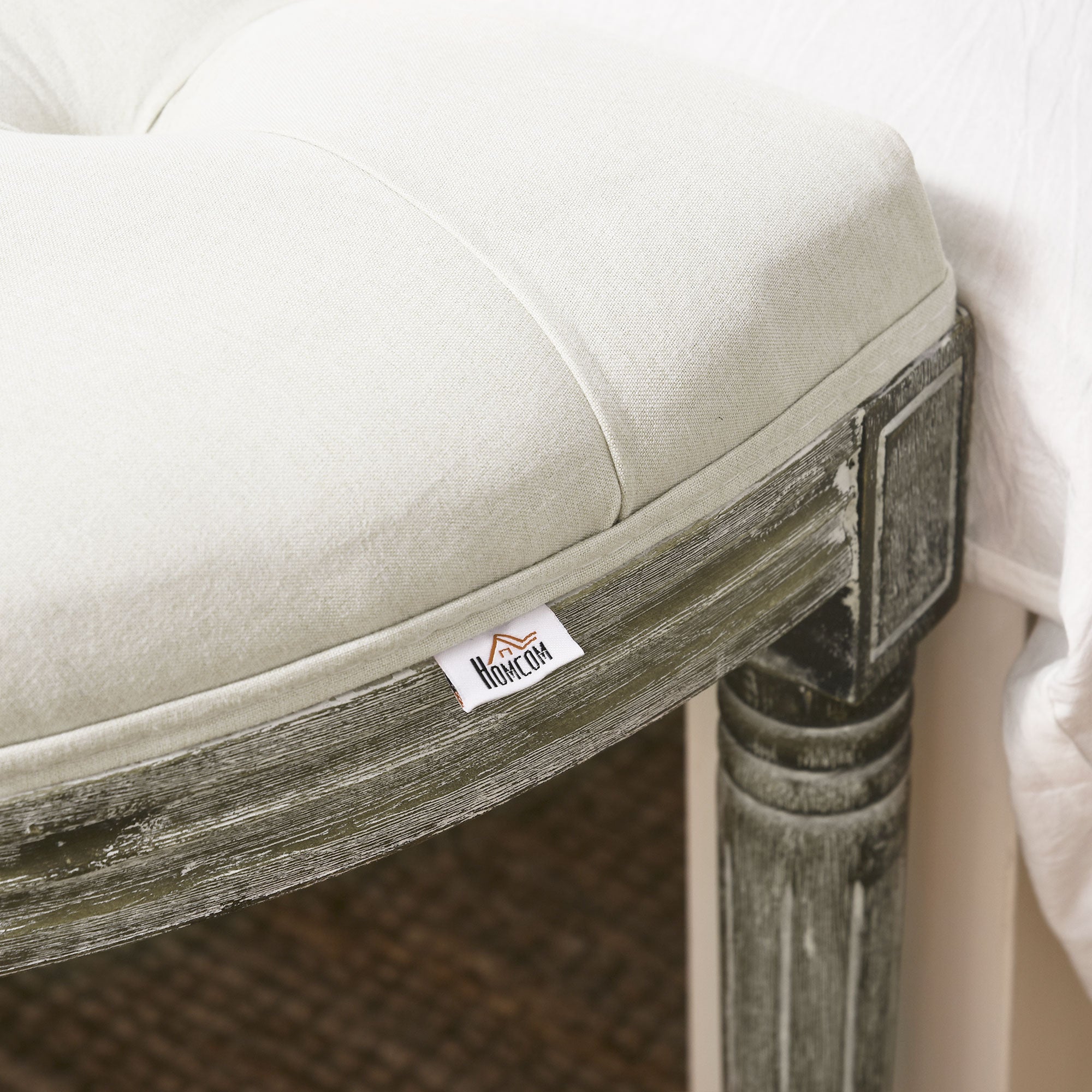 HOMCOM Half-Circle End Bench Ottoman Footstool Tufting Padded Seat Brushed Wood Base Antique Accents Home Seat Furniture Cream White and Light Wood Grain Leg - North Peak Garden Furniture