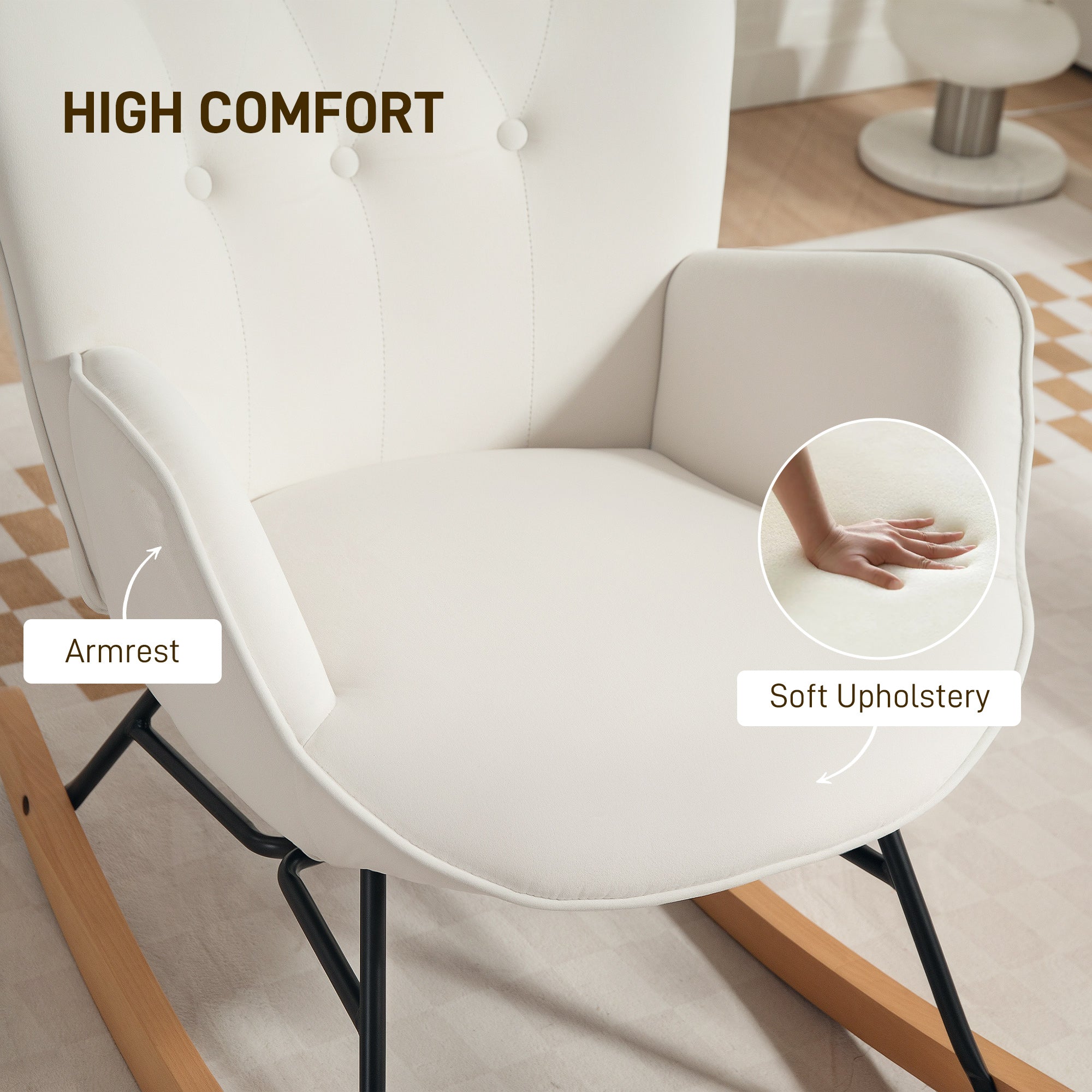 HOMCOM Rocking Chair, Modern Upholstered Velvet Armchair with Solid Wood Legs and Metal Frame for Living Room, Bedroom, Cream - North Peak Garden Furniture