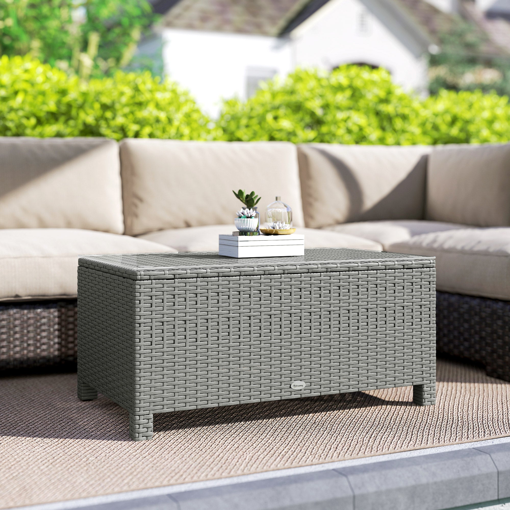 Outsunny Rattan Garden Coffee Table with Glass Top, Light Grey
