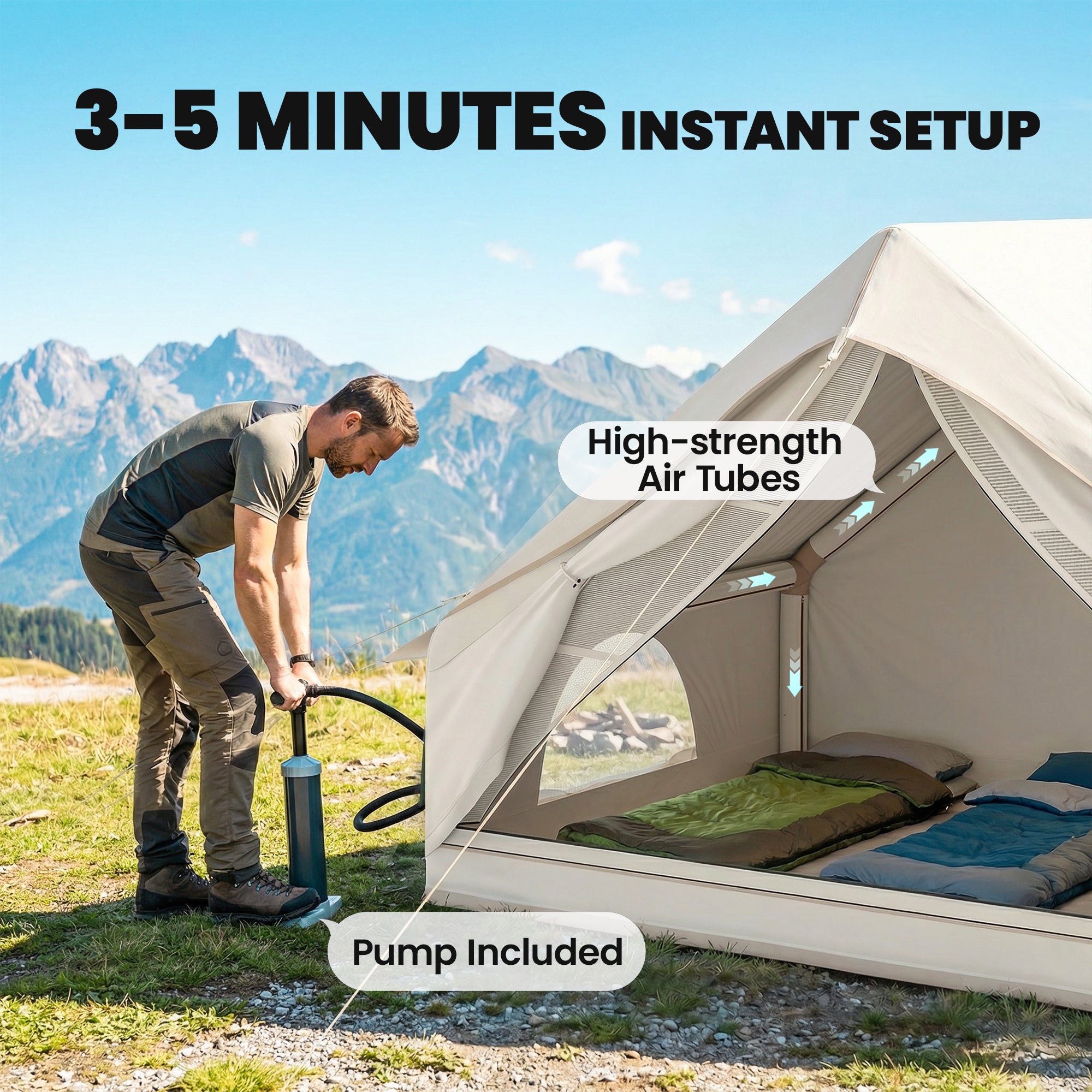 Outsunny Inflatable Tent Waterproof for Camping Blow Up Tent with Pump Carry Bag for 2-4 Person, Beige