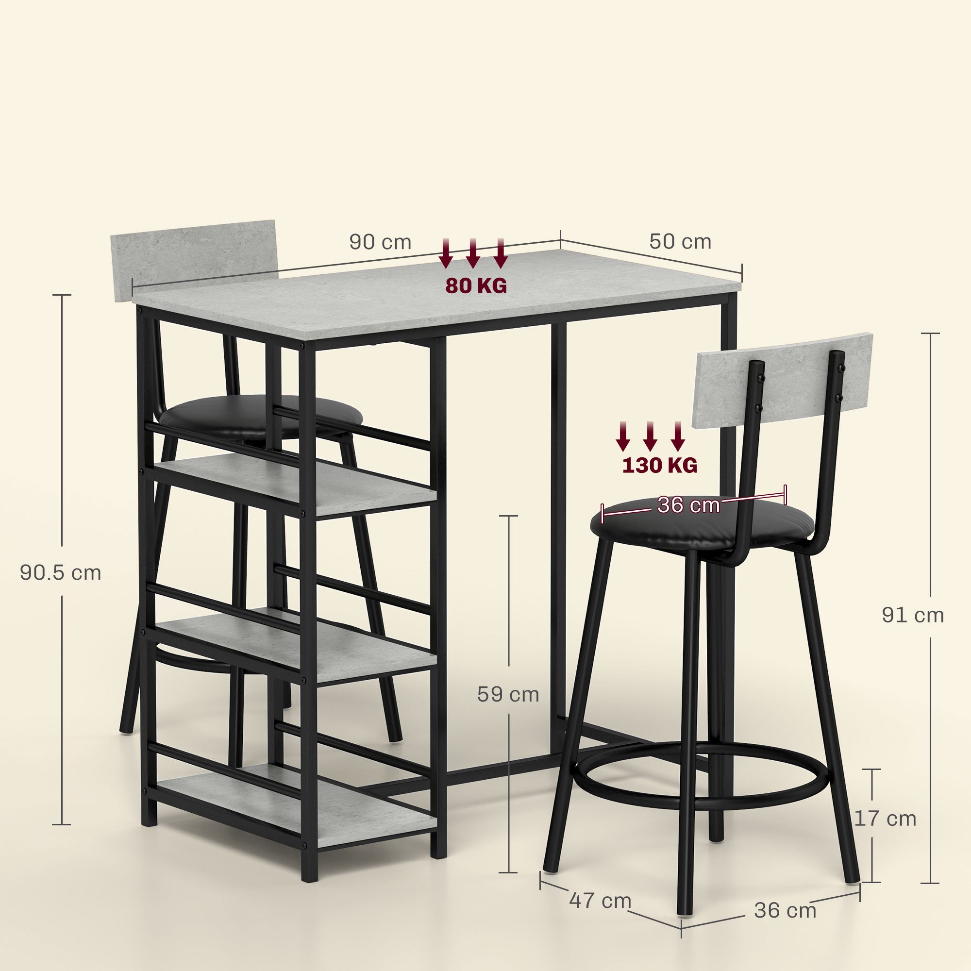 HOMCOM Three-Piece Kitchen Dining Set, with Shelves - Grey/Black - North Peak Garden Furniture