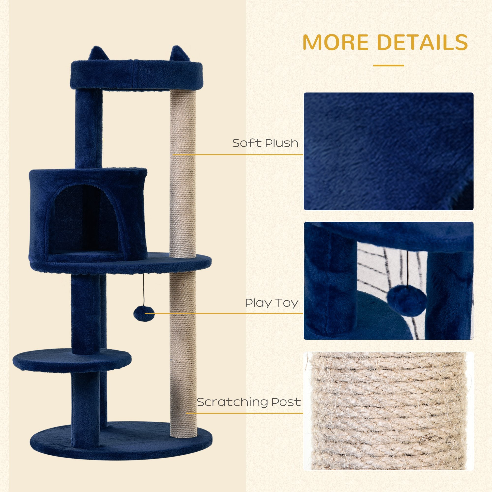 PawHut Feline Playground: 3-Tier Sisal Rope Scratching Post with Dangling Toy, Interactive & Durable, Blue