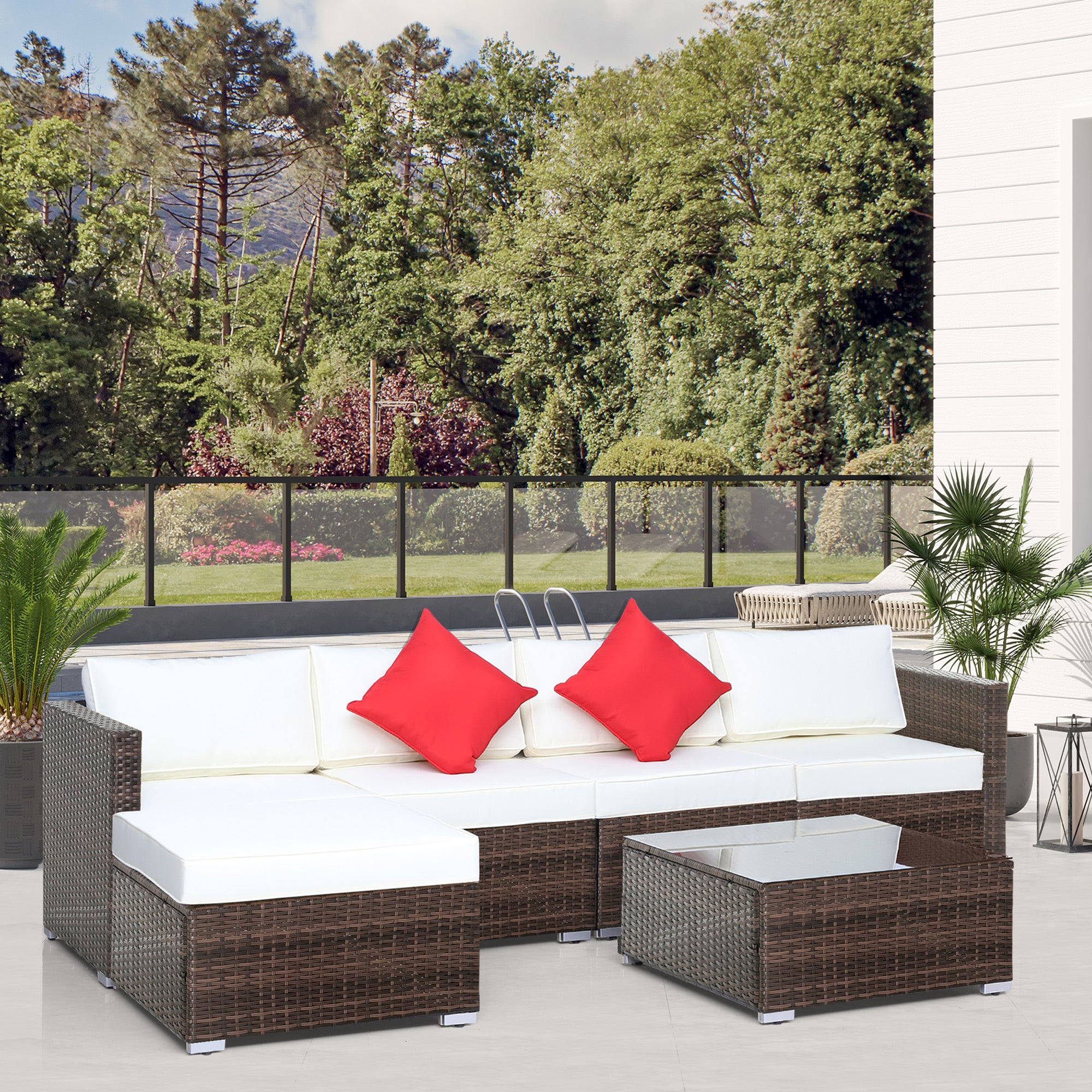 Outsunny 6 Pieces Outdoor Rattan Corner Sofa Set, Patio Aluminium Frame with All-weather Wicker Conversation Furniture w/ Coffee Table & Cushions, Cream White - North Peak Garden Furniture
