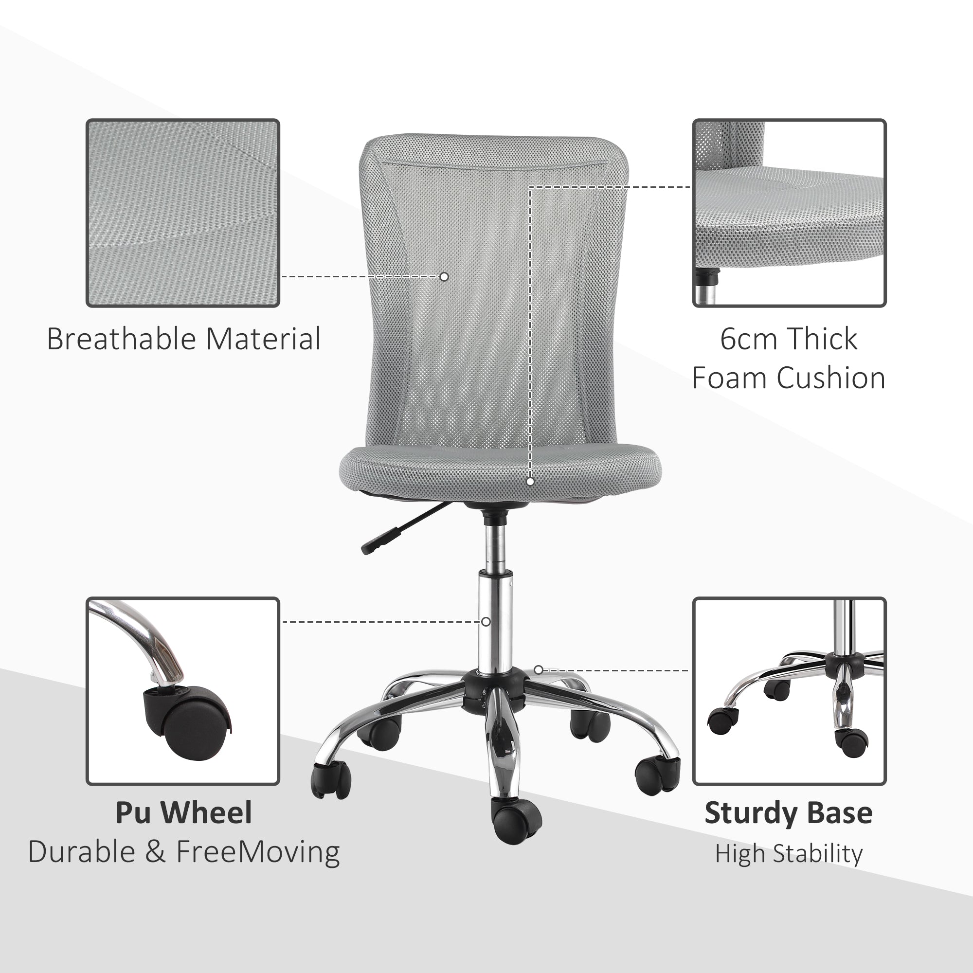 Vinsetto Office Chair, Armless Desk Chair, Adjustable Computer Swivel Chair with Rolling Wheels and Mesh Back for Home Work Study, Grey - North Peak Garden Furniture