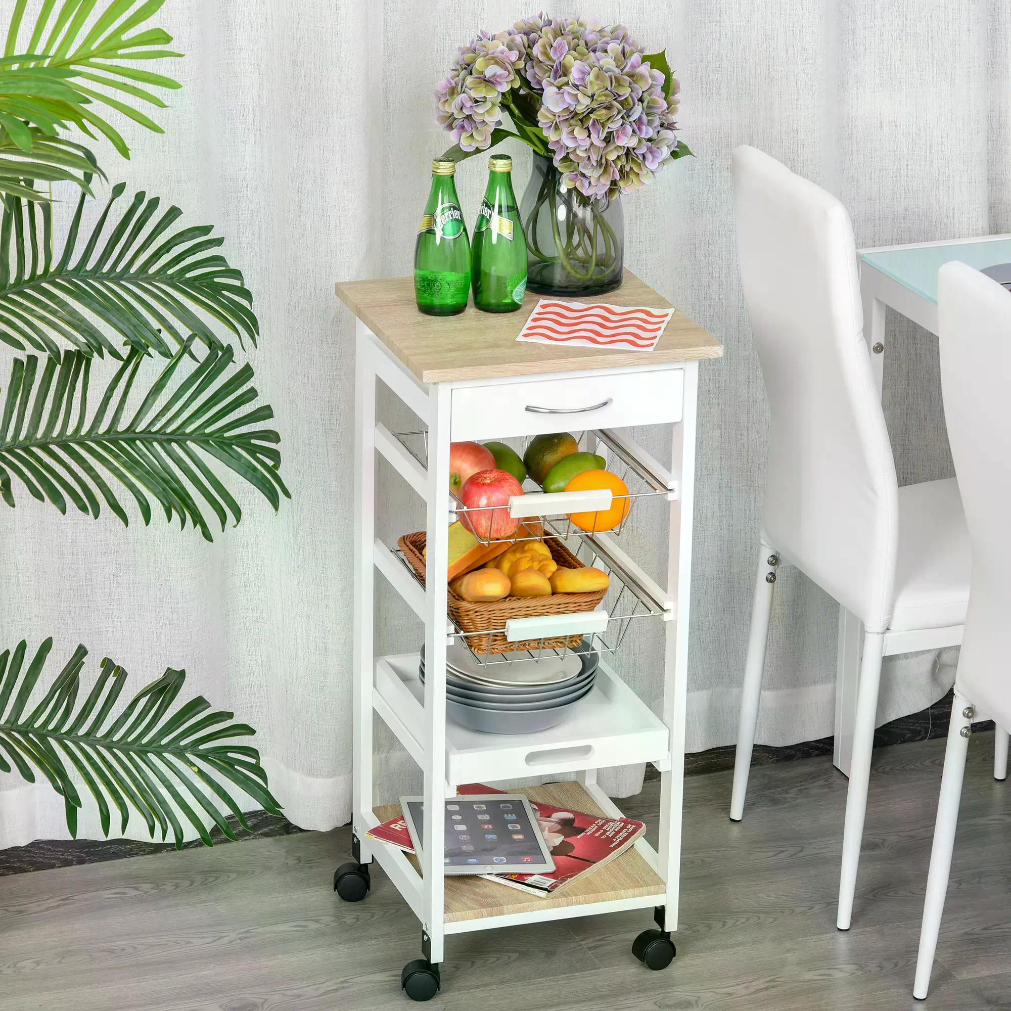 HOMCOM Mobile Rolling Kitchen Island Trolley for Home w/ Metal Baskets Trays Shelves Wheels Compact Stylish Storage White