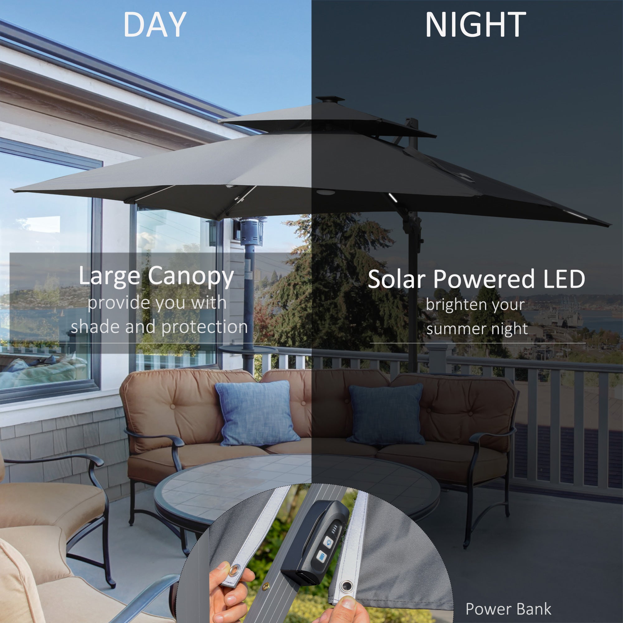 Outsunny 3m Cantilever Parasol, Outdoor Offset Patio Umbrella, Solar LED Lighted Hanging Sun Shade Canopy with Tilt and Crank Handle, Cross Base for Lawn, Beach and Poolside, Grey - North Peak Garden Furniture