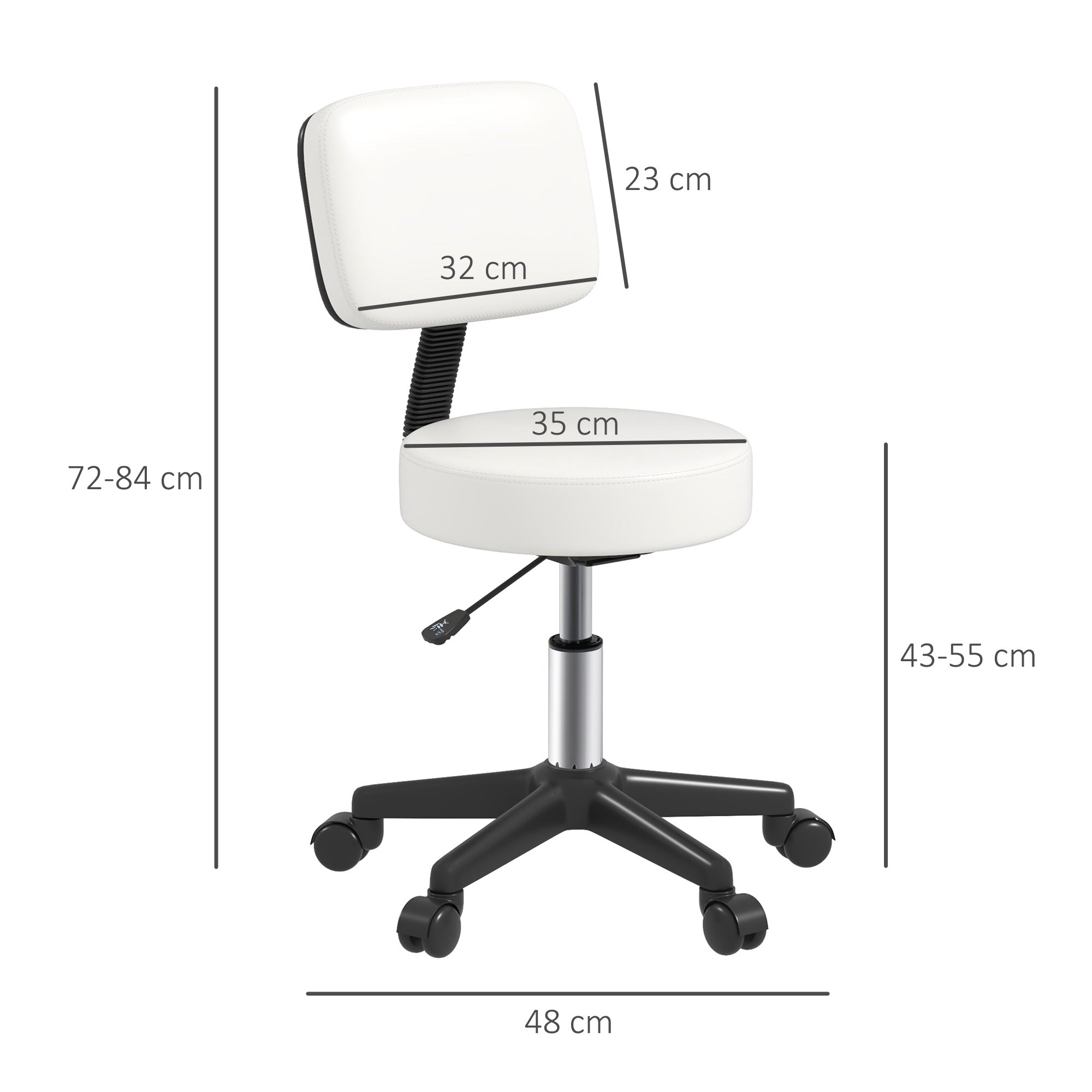 HOMCOM Beautician's Swivel Salon Chair w/ Padded Seat Back 5 Wheels Adjustable Height Salon Hairdressers Tattoo Spa Rolling Cushion Professional 48cm White - North Peak Garden Furniture